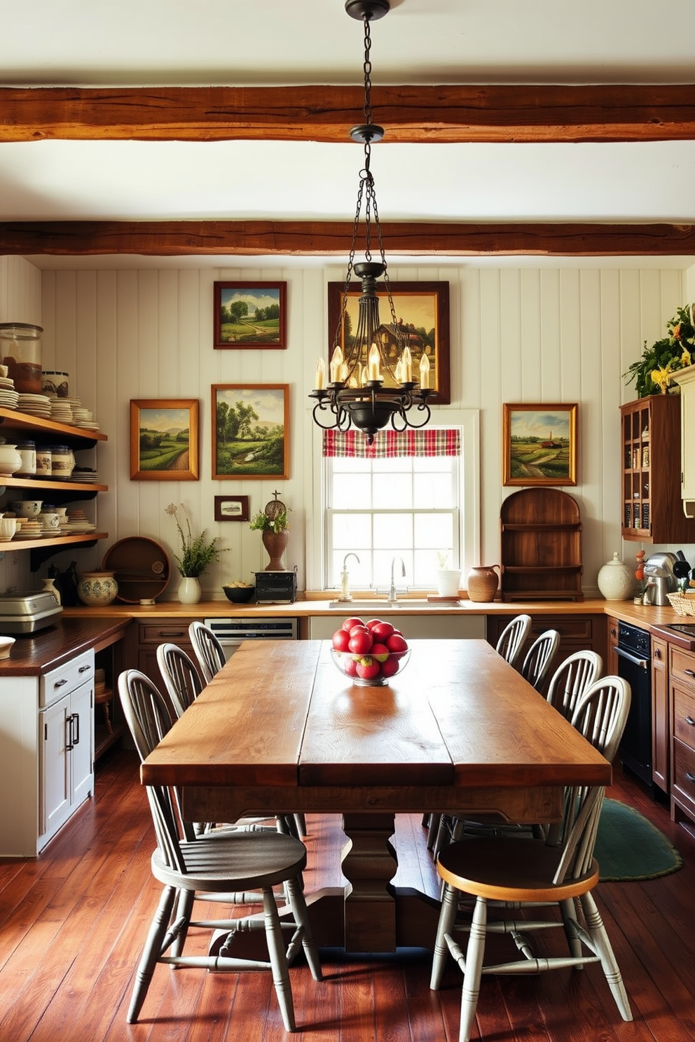 A cozy country kitchen filled with warmth and charm. The walls are adorned with rustic wooden shelves displaying vintage pottery and framed country-themed wall art featuring landscapes and farm scenes. The kitchen features a large farmhouse table surrounded by mismatched chairs. A vintage-style chandelier hangs above the table, casting a soft glow over the space.