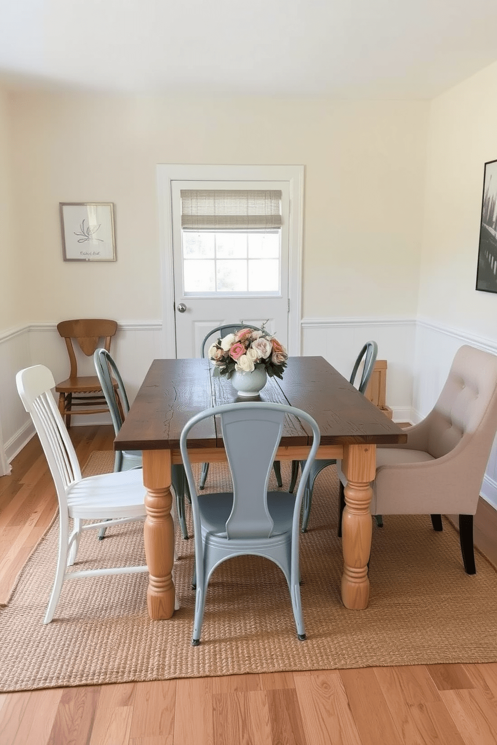 A charming dining area featuring a rustic wooden table surrounded by a mix of dining chairs in various styles. The chairs include a classic farmhouse design in white, a vintage metal chair in a soft blue, and a modern upholstered chair in a warm beige, creating an inviting and eclectic atmosphere. The walls are painted in a soft cream color, complementing the natural wood tones of the table. A woven jute rug lies under the table, adding texture, while a centerpiece of fresh flowers brings a pop of color to the space.