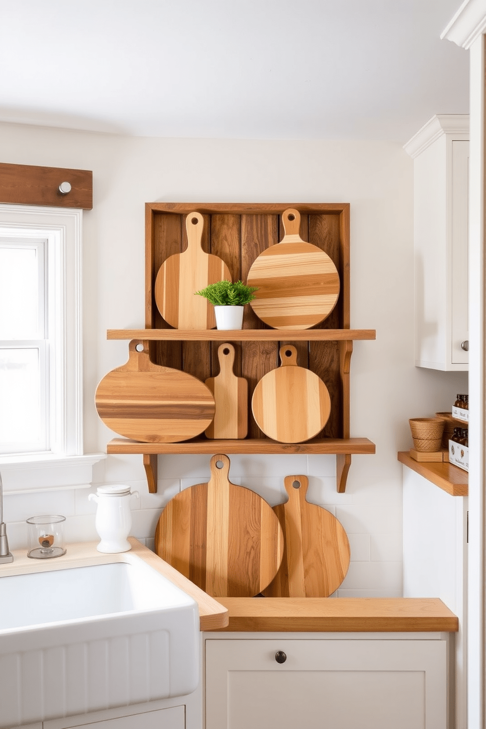 A charming country kitchen featuring several wooden cutting boards displayed decoratively on a rustic shelving unit. The warm wood tones of the shelves complement the soft white cabinetry and farmhouse sink, creating an inviting atmosphere.