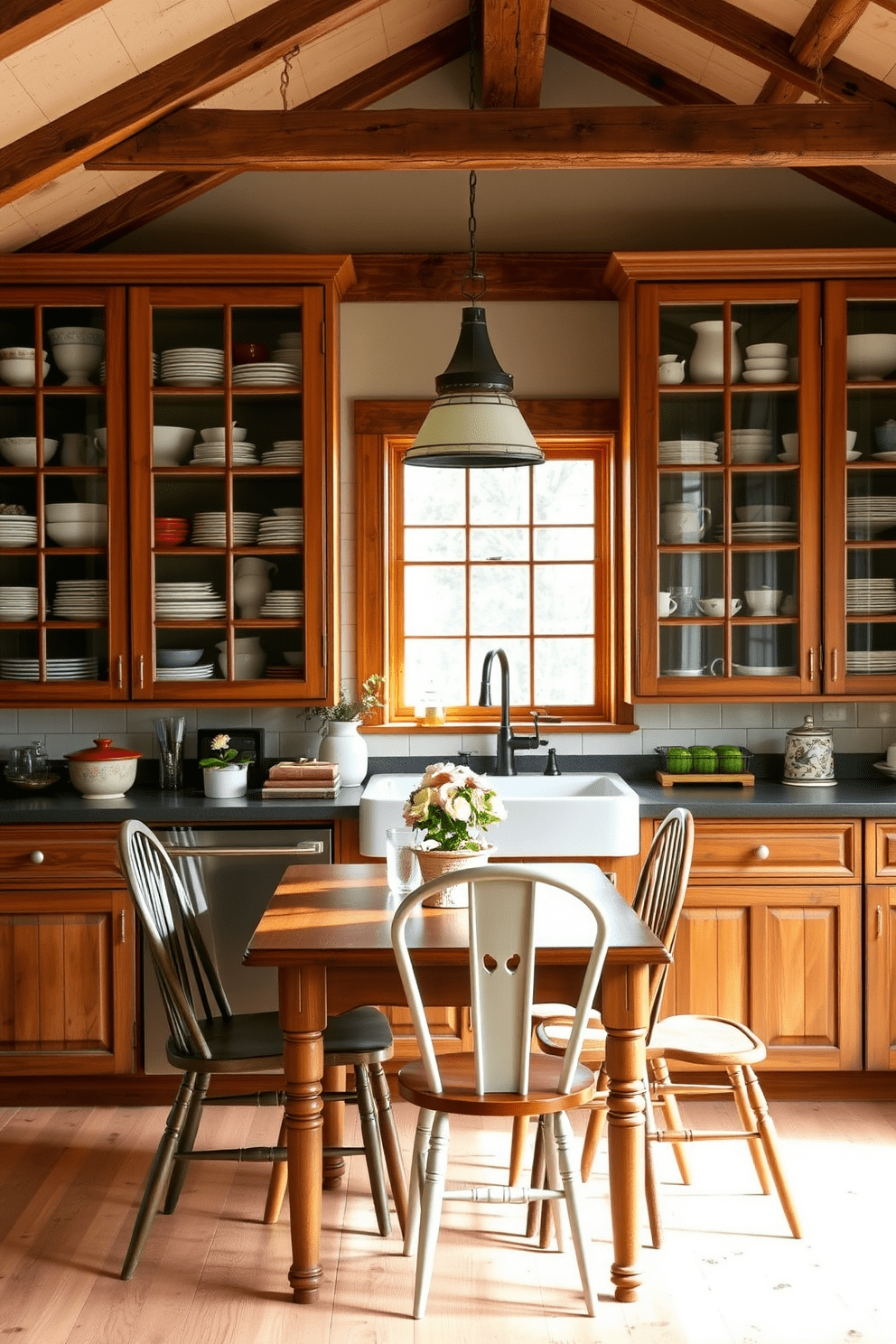 A charming country kitchen with glass front cabinets displaying an array of colorful dishes. The cabinets are framed in rustic wood, complementing the warm tones of the farmhouse-style decor. The kitchen features a large farmhouse sink beneath a window, allowing natural light to flood the space. A wooden dining table is set in the center, surrounded by mismatched chairs for a cozy, inviting atmosphere.