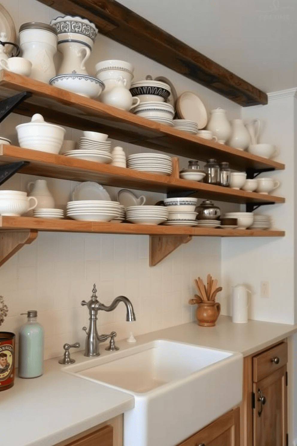 Open shelving displays an array of vintage dishware in a charming country kitchen. The shelves are made of reclaimed wood, adding warmth and character to the space. The kitchen features a farmhouse sink with a vintage-style faucet and rustic cabinetry. Soft, neutral tones dominate the color palette, creating a cozy and inviting atmosphere.