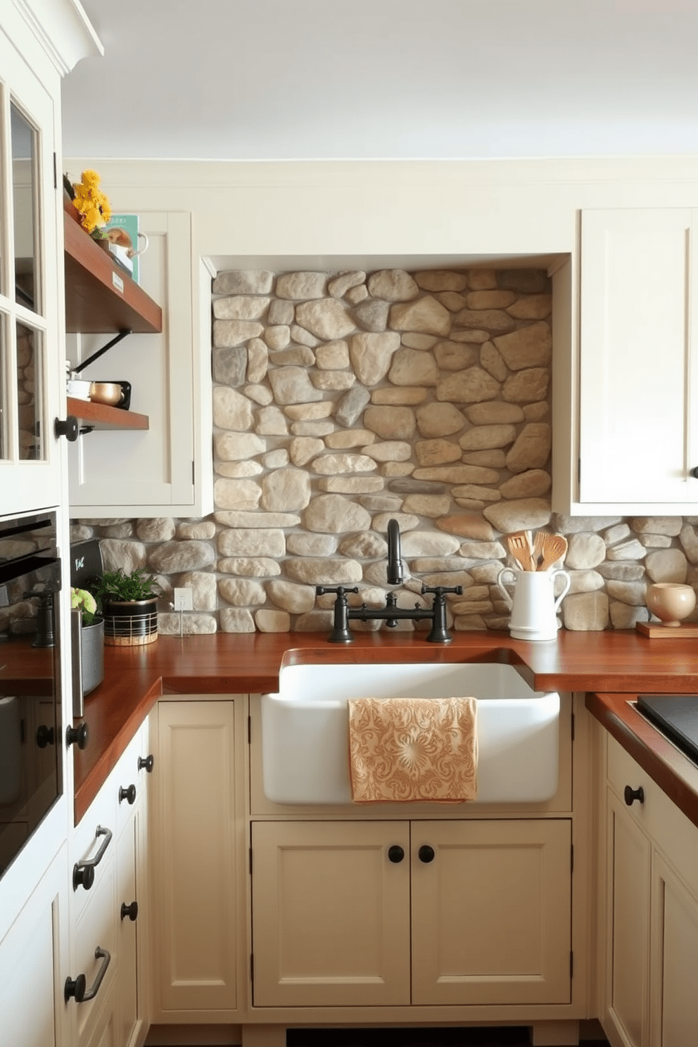 A cozy country kitchen featuring a rustic stone backsplash that adds texture and warmth. The cabinetry is painted in a soft cream color, complemented by wooden accents and an antique farmhouse sink.