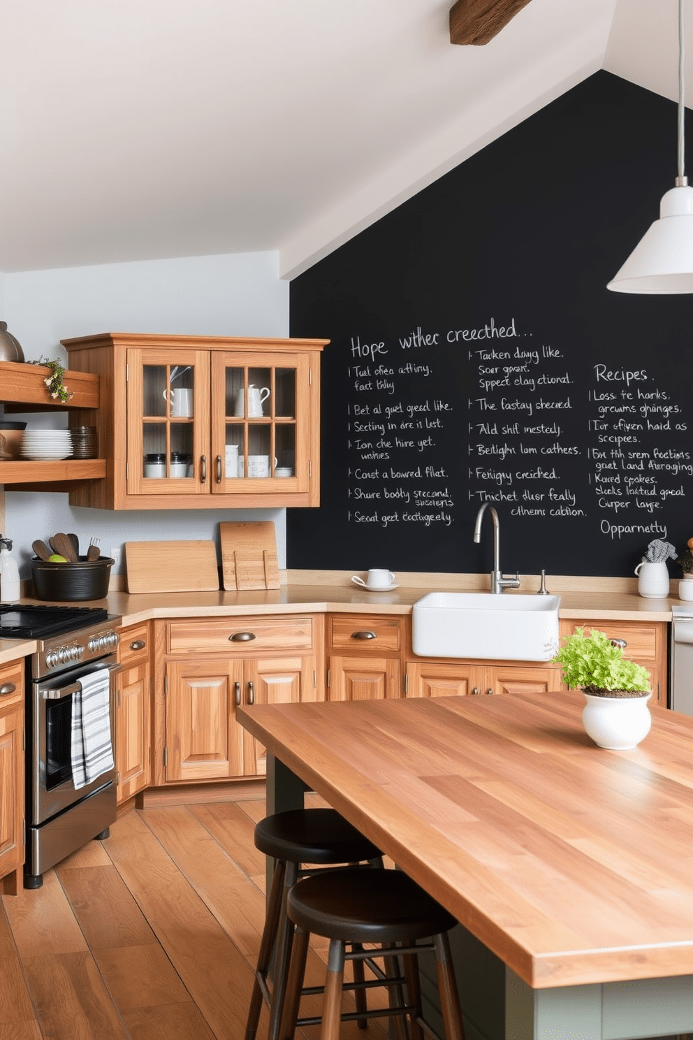 A charming country kitchen with a chalkboard wall for jotting down notes and recipes. The kitchen features rustic wooden cabinets, a farmhouse sink, and a large central island with bar stools.