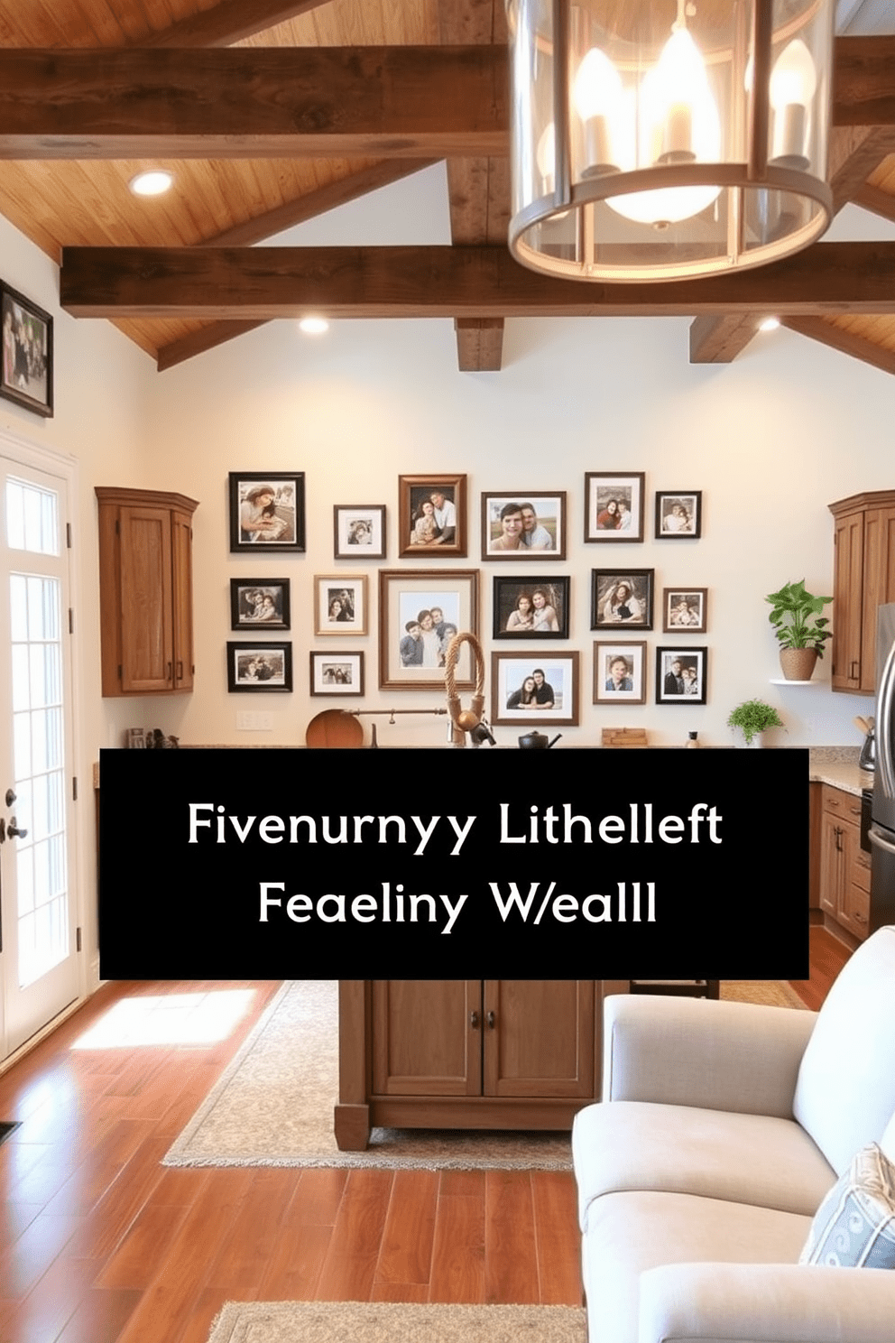 A warm and inviting country kitchen design featuring a personalized family photo gallery wall. The wall is adorned with a mix of framed photographs in various sizes, showcasing cherished family moments and memories. The kitchen boasts rustic wooden cabinets with a distressed finish and a farmhouse sink. A large island in the center is topped with a butcher block surface, surrounded by comfortable seating for family gatherings.