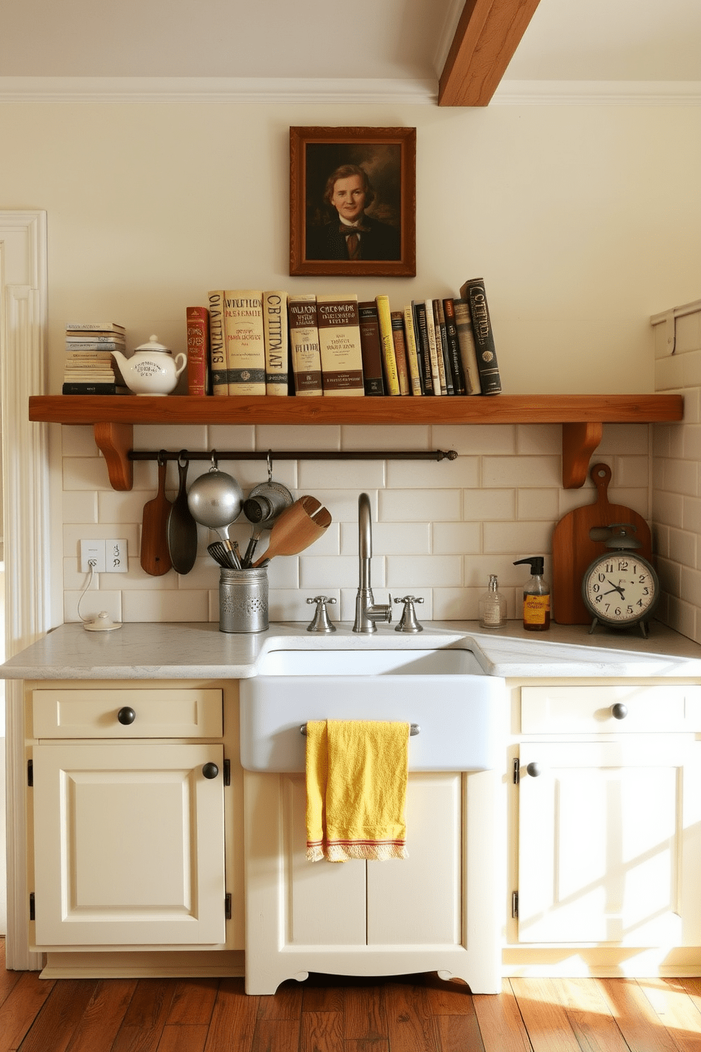 A charming country kitchen featuring vintage cookbooks displayed on a rustic wooden shelf. The room is filled with warm natural light, highlighting the soft pastel colors of the cabinetry and the farmhouse sink.