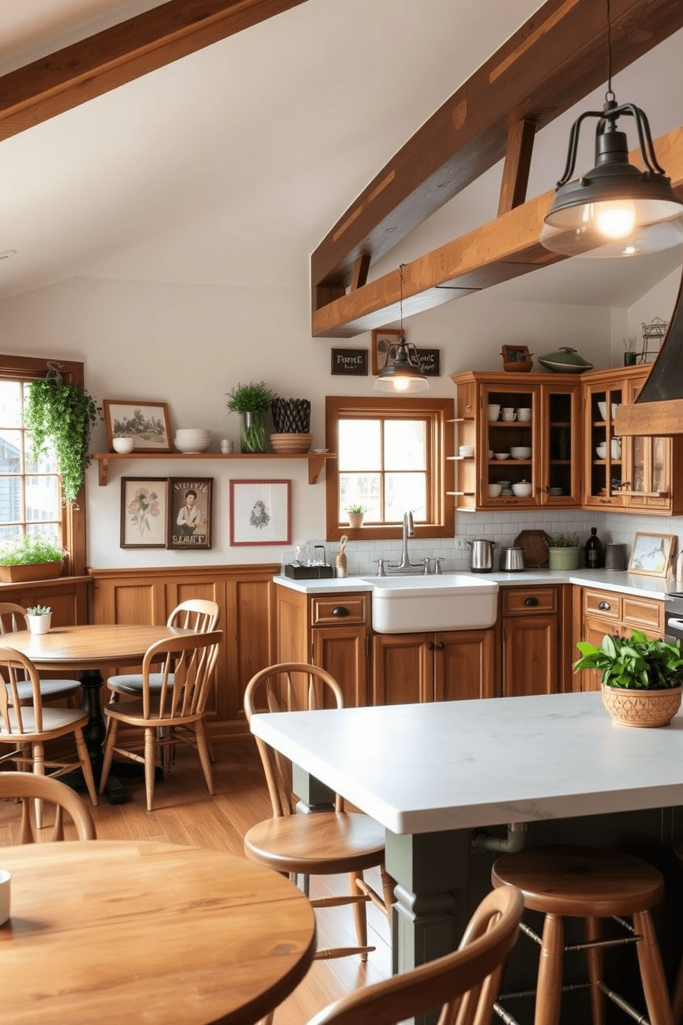 Bistro style seating with round wooden tables and mismatched chairs creates an inviting atmosphere. Soft lighting from hanging pendant lamps adds warmth to the space, complemented by potted herbs on the windowsill. Country kitchen design features rustic wooden cabinets and a large farmhouse sink. A central island with bar stools encourages gathering, while open shelving displays charming dishware and vintage accessories.