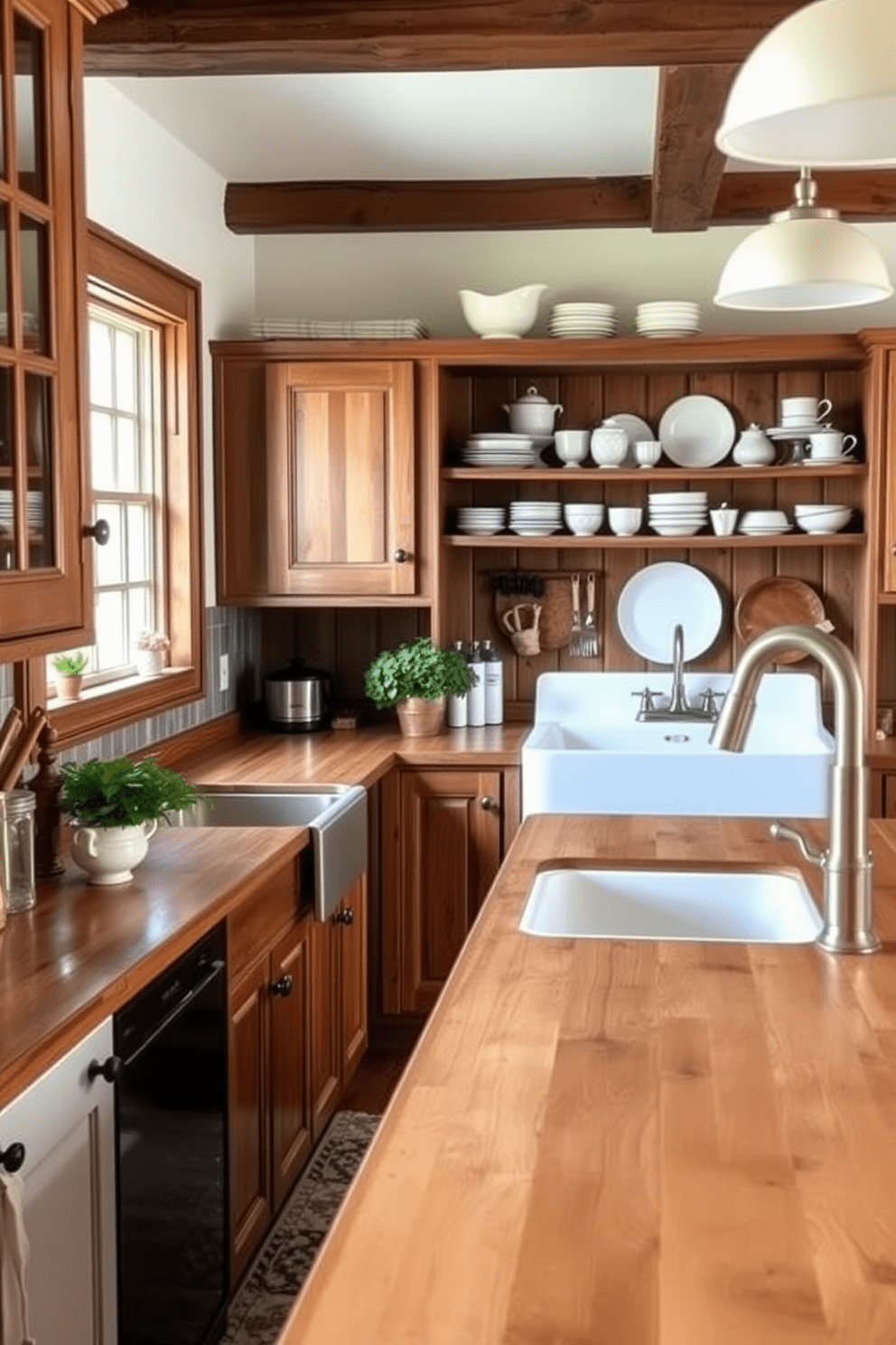 A cozy country kitchen featuring natural wood countertops that exude warmth and charm. The space is filled with rustic cabinetry, open shelving displaying vintage dishware, and a farmhouse sink that adds character to the design.