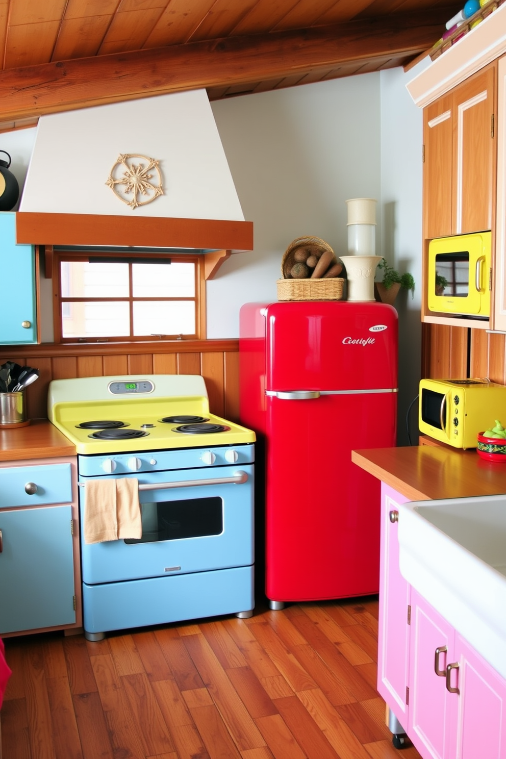 A vibrant country kitchen filled with colorful retro appliances. The space features a bright red refrigerator, a pastel blue stove, and a sunny yellow microwave, all set against warm wooden cabinets and a farmhouse sink.