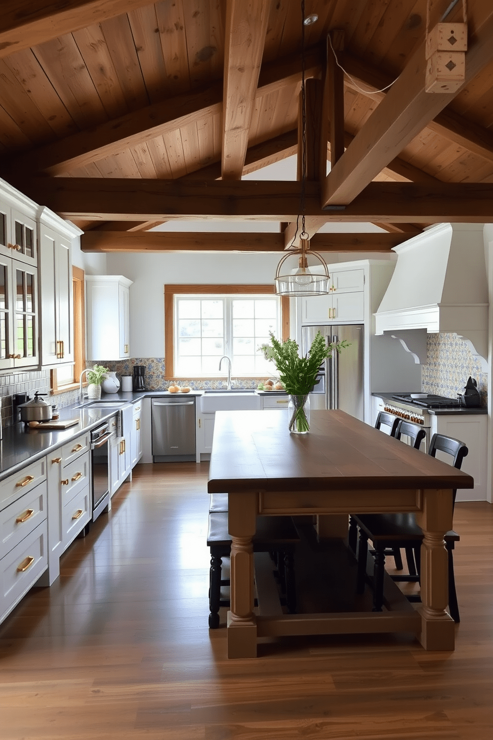 Open concept layout that enhances the spacious feel of the kitchen. Incorporate rustic wooden beams on the ceiling and a large farmhouse table in the center. Bright white cabinets with brass hardware create a fresh and inviting atmosphere. Add a vintage-inspired backsplash with colorful tiles to bring character and warmth to the space.