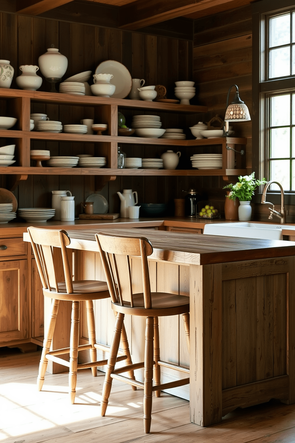 Farmhouse style bar stools are positioned at a rustic wooden counter with a weathered finish. The kitchen features open shelving filled with vintage dishware and a farmhouse sink beneath a large window that lets in natural light.