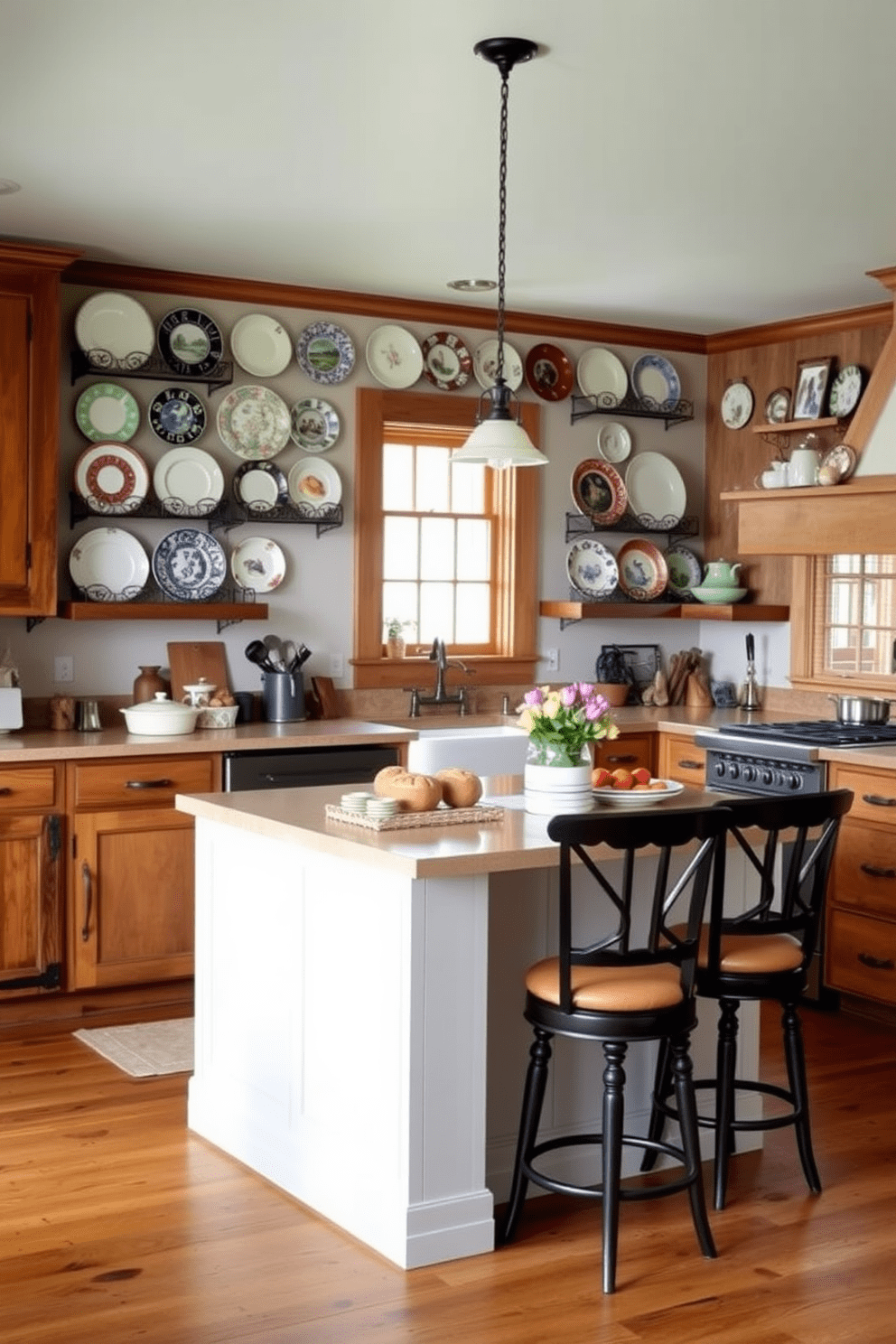 A charming country kitchen featuring decorative plate racks mounted on the walls. The racks display an array of colorful plates, adding visual interest and a personal touch to the space. The kitchen is designed with rustic wooden cabinets and a farmhouse sink. A large central island with bar stools invites family gatherings and casual dining.