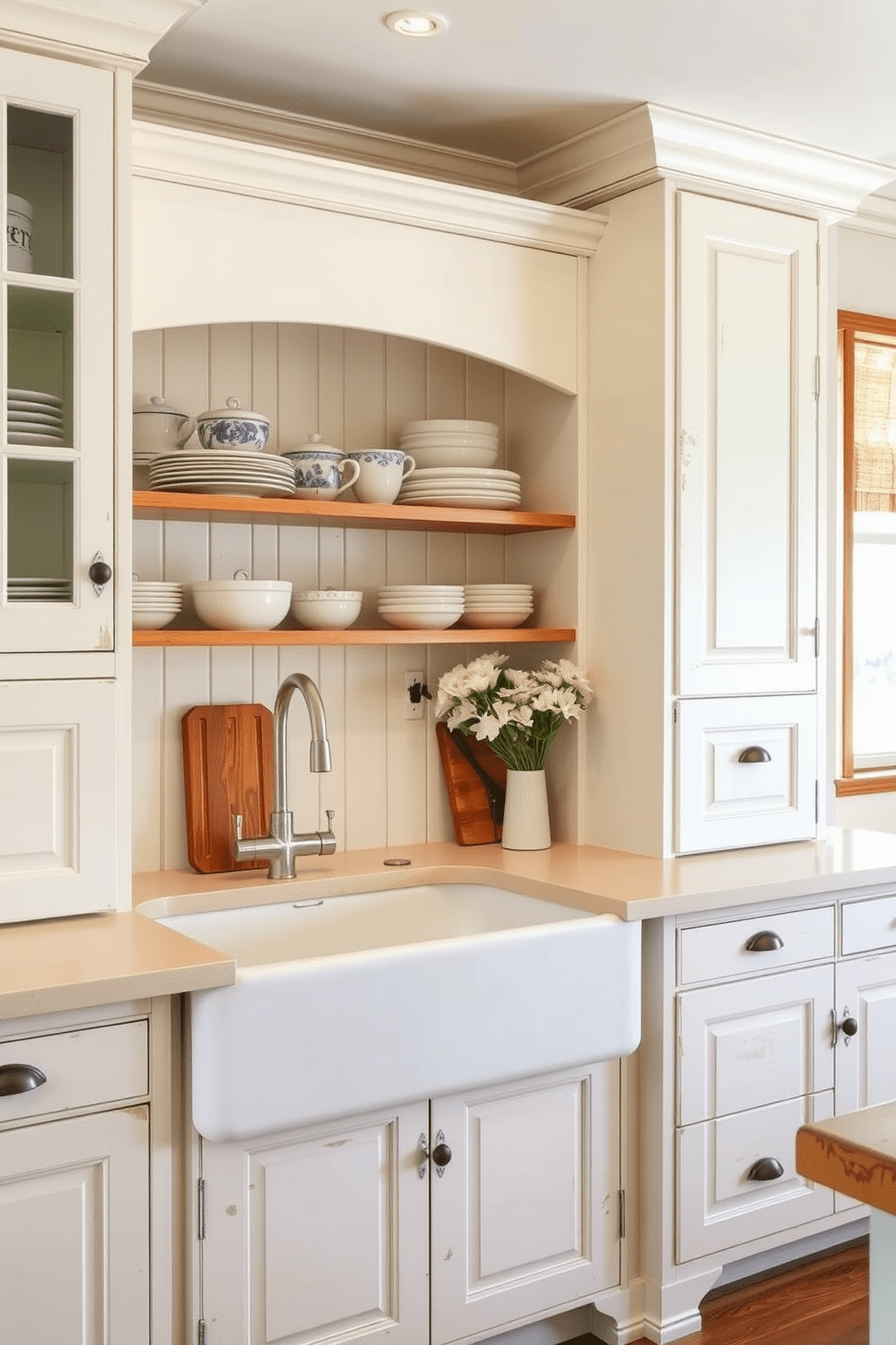 A charming country kitchen featuring a farmhouse sink with an apron front. The cabinetry is painted in a soft white, complemented by rustic wooden accents and open shelving displaying vintage dishware.