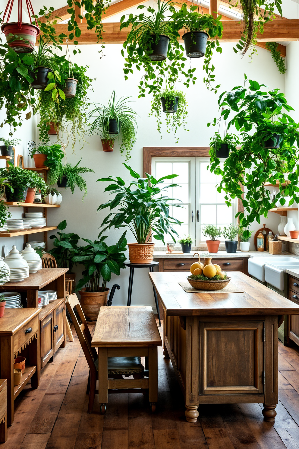 A nature inspired decor featuring an abundance of indoor plants creates a serene and refreshing atmosphere. The space includes hanging planters, lush greenery on shelves, and a large potted tree in the corner, complementing natural wood furniture. The country kitchen design showcases rustic charm with a large farmhouse table at its center. Open shelving displays ceramic dishware, while vintage accents like a distressed wooden island and a classic apron sink enhance the cozy feel.