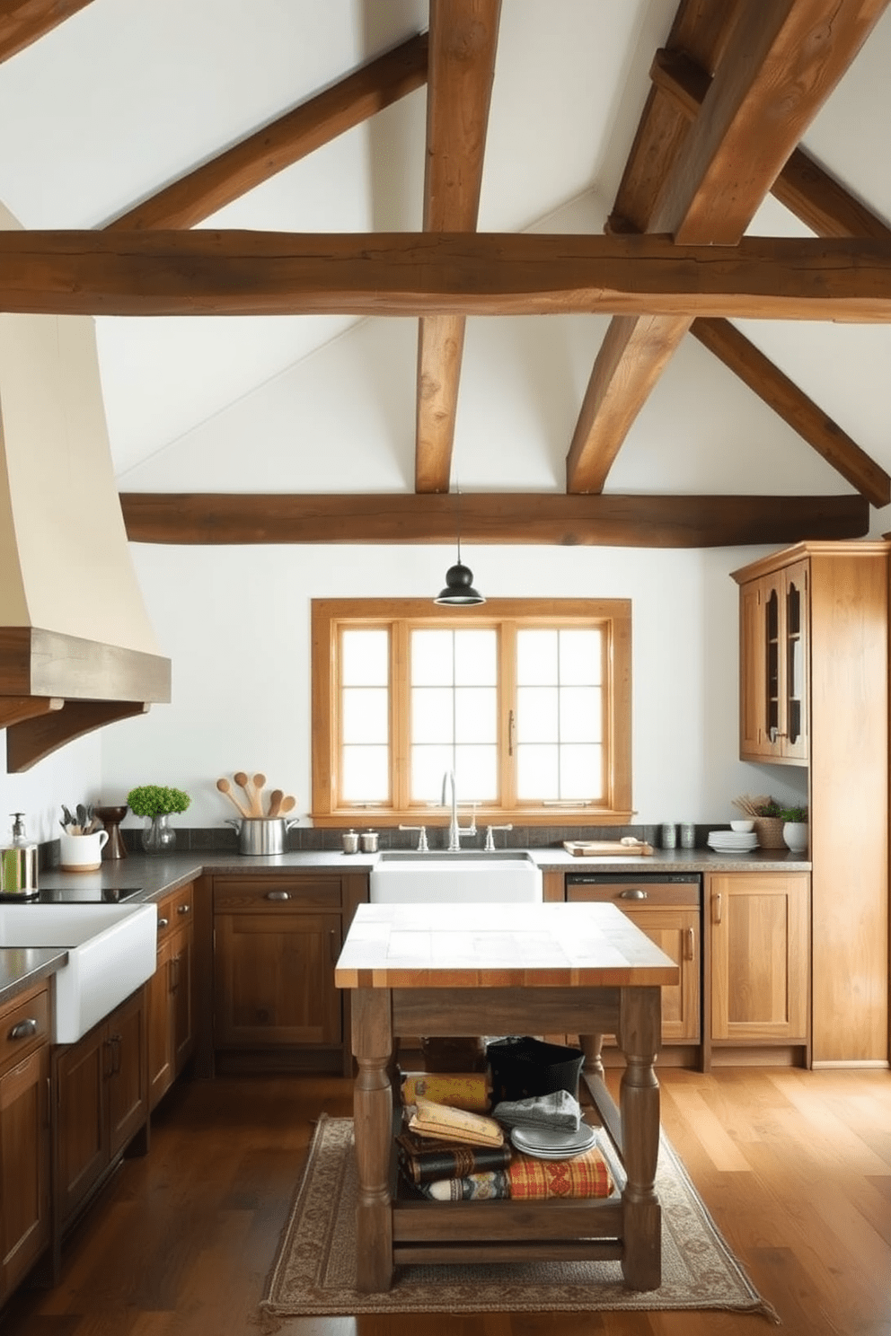 A charming country kitchen with exposed wooden beams accentuating the ceiling. The space features a large farmhouse sink, rustic wooden cabinets, and a central island topped with butcher block, creating a warm and inviting atmosphere.