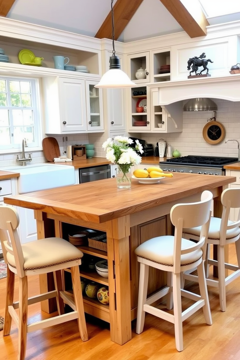 A charming country-style kitchen island is the centerpiece of the room, featuring a rustic wooden surface and ample storage space underneath. Surrounding the island are comfortable bar stools with soft cushions, inviting family and friends to gather and enjoy meals together. The kitchen showcases warm, inviting colors with a mix of white cabinetry and open shelves displaying colorful dishware. A farmhouse sink and vintage-inspired fixtures add to the overall country aesthetic, creating a cozy and functional cooking space.