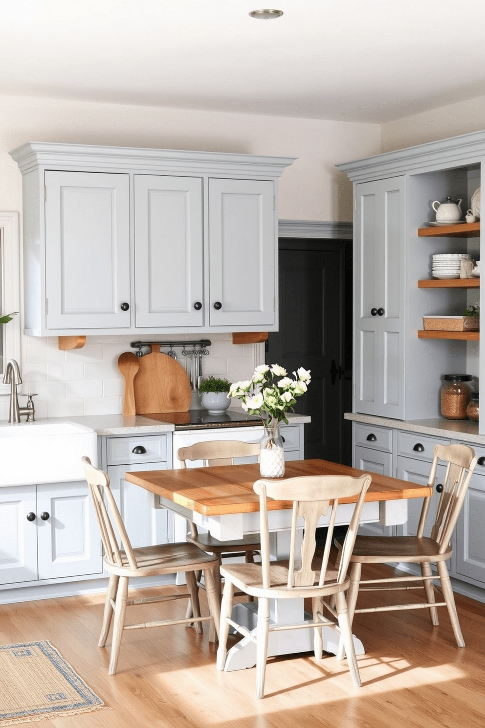 A country kitchen design featuring a soft muted color palette. The cabinets are painted in a pale blue, complemented by a white farmhouse sink and natural wood accents. The countertops are a light gray stone, providing a subtle contrast to the cabinetry. A rustic wooden dining table sits in the center, surrounded by mismatched chairs, enhancing the cozy atmosphere.