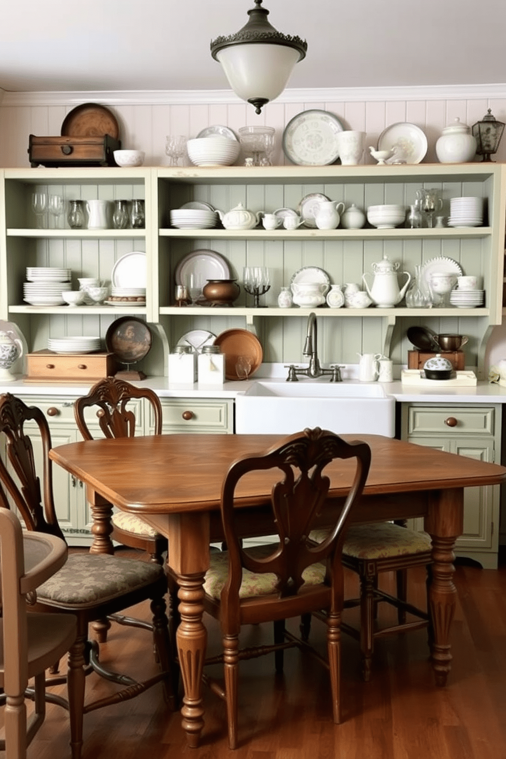 Antique furniture pieces are strategically placed throughout the kitchen, adding character and charm to the space. A rustic wooden table serves as the centerpiece, surrounded by mismatched chairs showcasing intricate carvings and vintage upholstery. Open shelving displays an array of antique dishware and glassware, enhancing the country kitchen aesthetic. The walls are adorned with soft pastel colors, while a farmhouse sink with a vintage faucet complements the overall design.