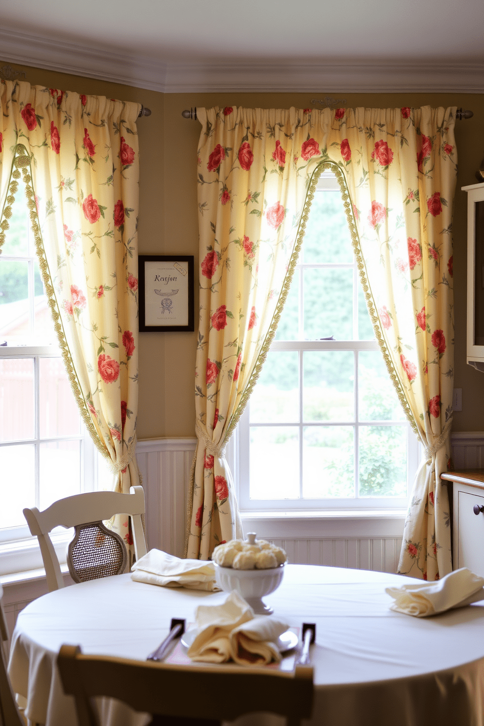 A charming country kitchen featuring floral patterned curtains that cascade gracefully from the windows. The linens on the dining table complement the curtains with soft pastel colors, enhancing the cozy and inviting atmosphere.