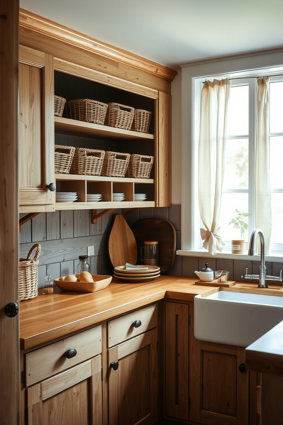 A charming country kitchen featuring rustic wooden cabinets with a distressed finish. Wicker baskets are neatly arranged on open shelves, providing both storage and a touch of warmth to the space. The countertops are made of butcher block, complemented by a farmhouse sink with a vintage-style faucet. Soft, natural light filters through a large window adorned with simple linen curtains, illuminating the cozy atmosphere.