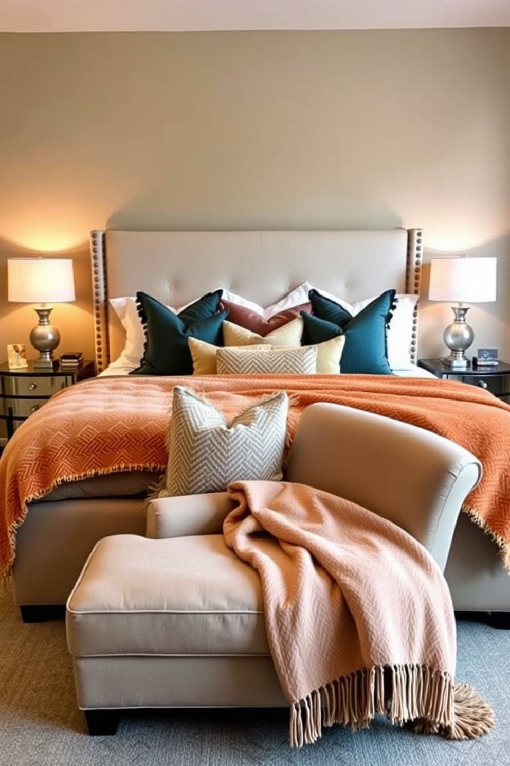 A cozy bedroom retreat featuring a large upholstered bed with a soft headboard. The bed is adorned with plush throw blankets and an array of decorative pillows in warm, inviting colors. On either side of the bed, there are stylish nightstands topped with elegant lamps. A comfortable armchair is placed in the corner, draped with an additional throw blanket for extra warmth.