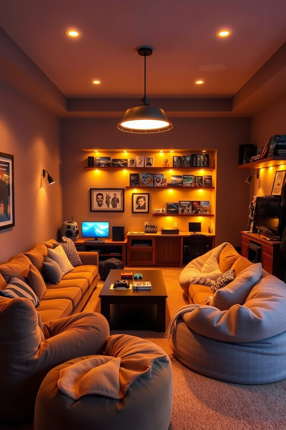 A cozy game room filled with warm ambient lighting. Soft golden lights illuminate the space, creating an inviting atmosphere for relaxation and fun. Plush seating arrangements include a mix of oversized sofas and bean bags, arranged around a central coffee table. The walls are adorned with framed artwork and shelves filled with board games and gaming consoles, enhancing the playful vibe.