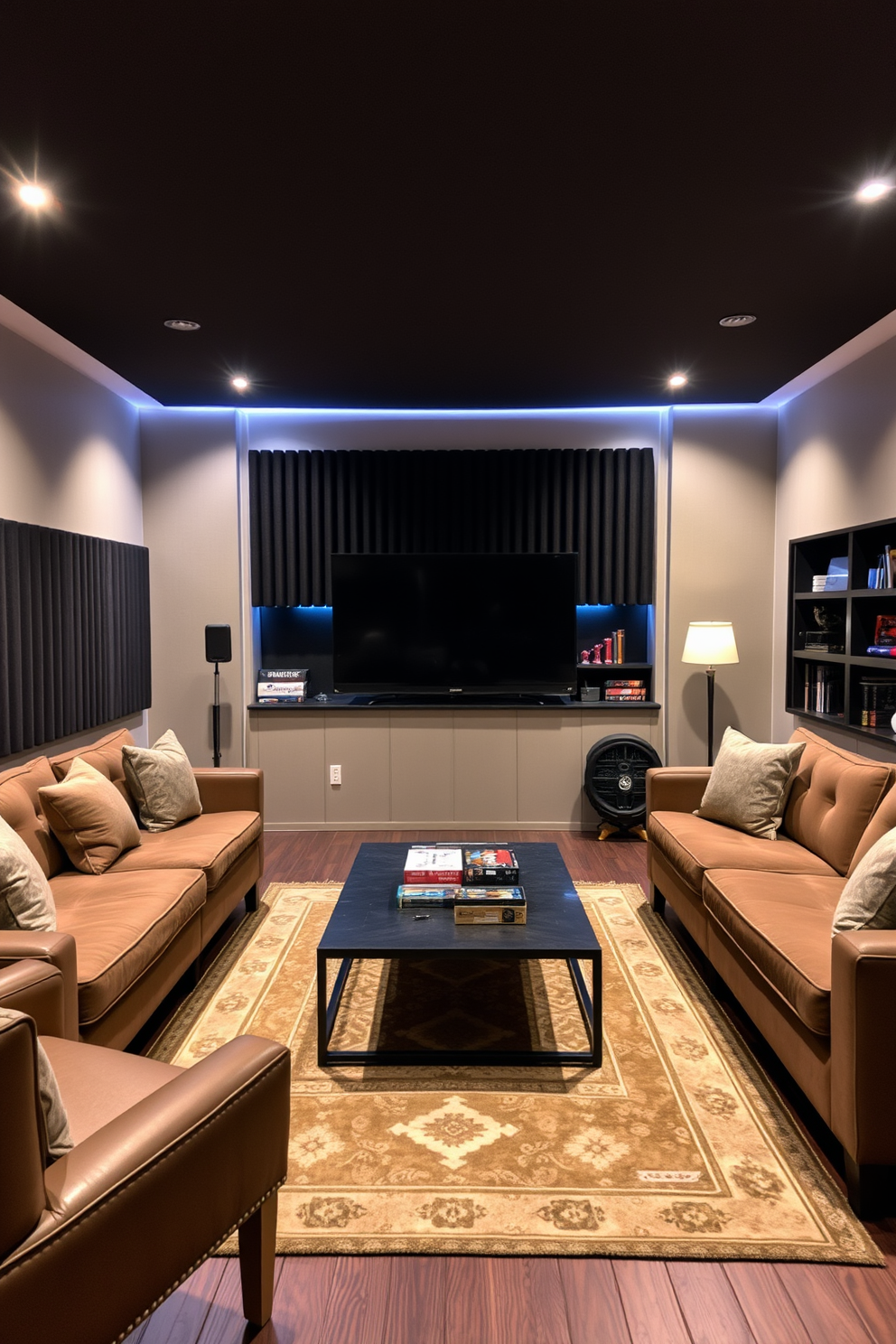 A cozy game room designed for quiet enjoyment features soundproofing panels on the walls to minimize noise disruption. Plush seating arrangements with soft cushions and a large coffee table create an inviting atmosphere for gaming sessions. The room is illuminated by soft, adjustable lighting that enhances the relaxed vibe. A stylish rug anchors the space, while shelves display an array of board games and gaming accessories for easy access.