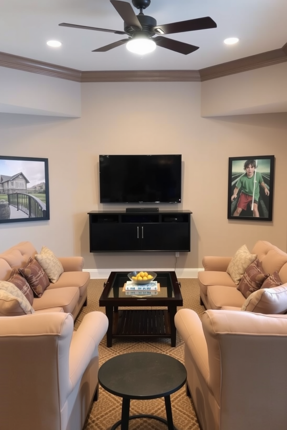 A cozy game room with a wall-mounted TV positioned at eye level for optimal viewing. Plush seating arrangements surround a central coffee table, creating an inviting atmosphere for friends and family to gather.