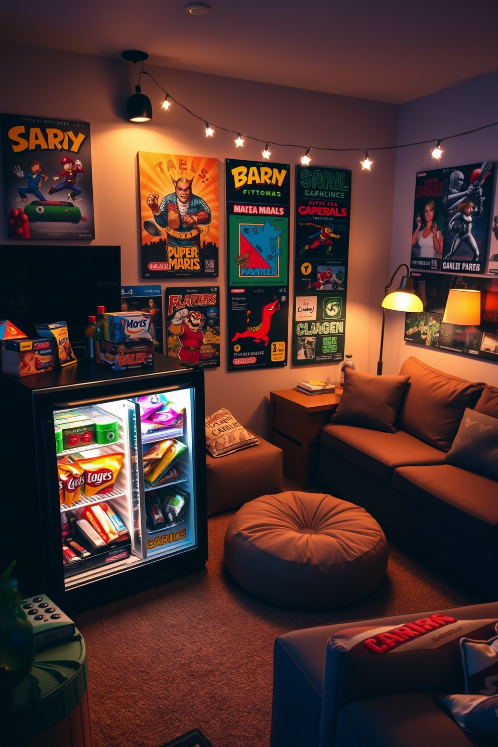 A mini fridge stocked with a variety of snacks and drinks sits in the corner of a cozy game room. The room features comfortable seating with plush bean bags and a large sectional sofa, perfect for relaxing during game nights. The walls are adorned with vibrant posters of classic video games, creating an energetic atmosphere. Soft lighting from floor lamps and string lights enhances the inviting ambiance, making it a perfect hangout spot for friends and family.