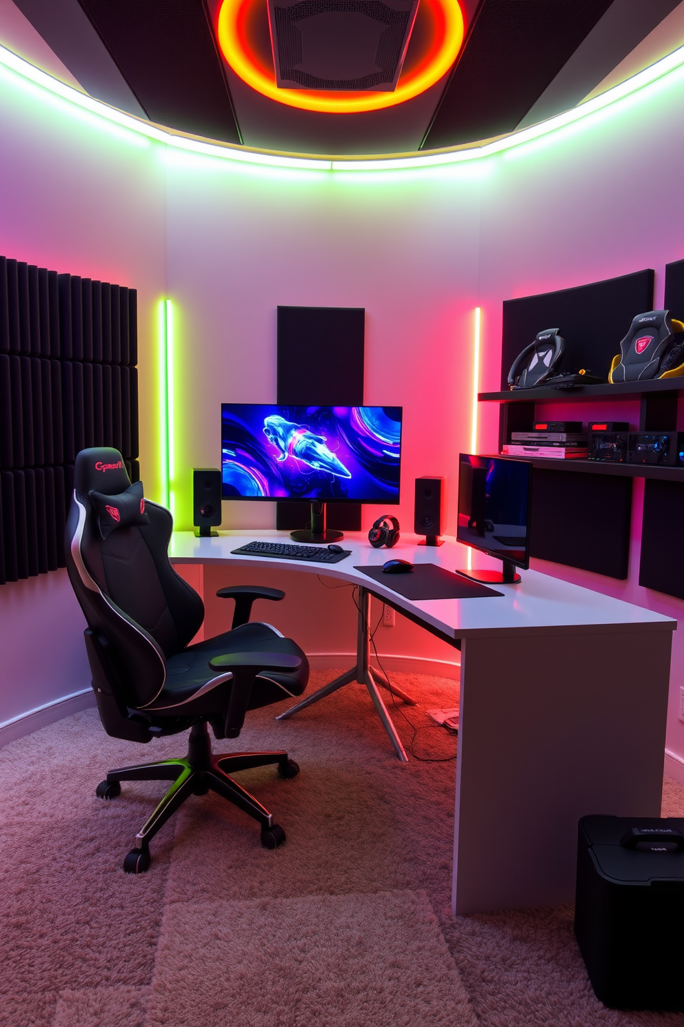 A sleek gaming desk is positioned against a wall adorned with vibrant LED lights, creating an immersive atmosphere. An ergonomic chair with adjustable features complements the desk, providing comfort during long gaming sessions. The room is filled with soundproofing panels that enhance the acoustic experience, while a large screen is mounted above the desk for optimal viewing. Plush carpeting underfoot adds warmth, and shelves lined with gaming memorabilia showcase personal style.