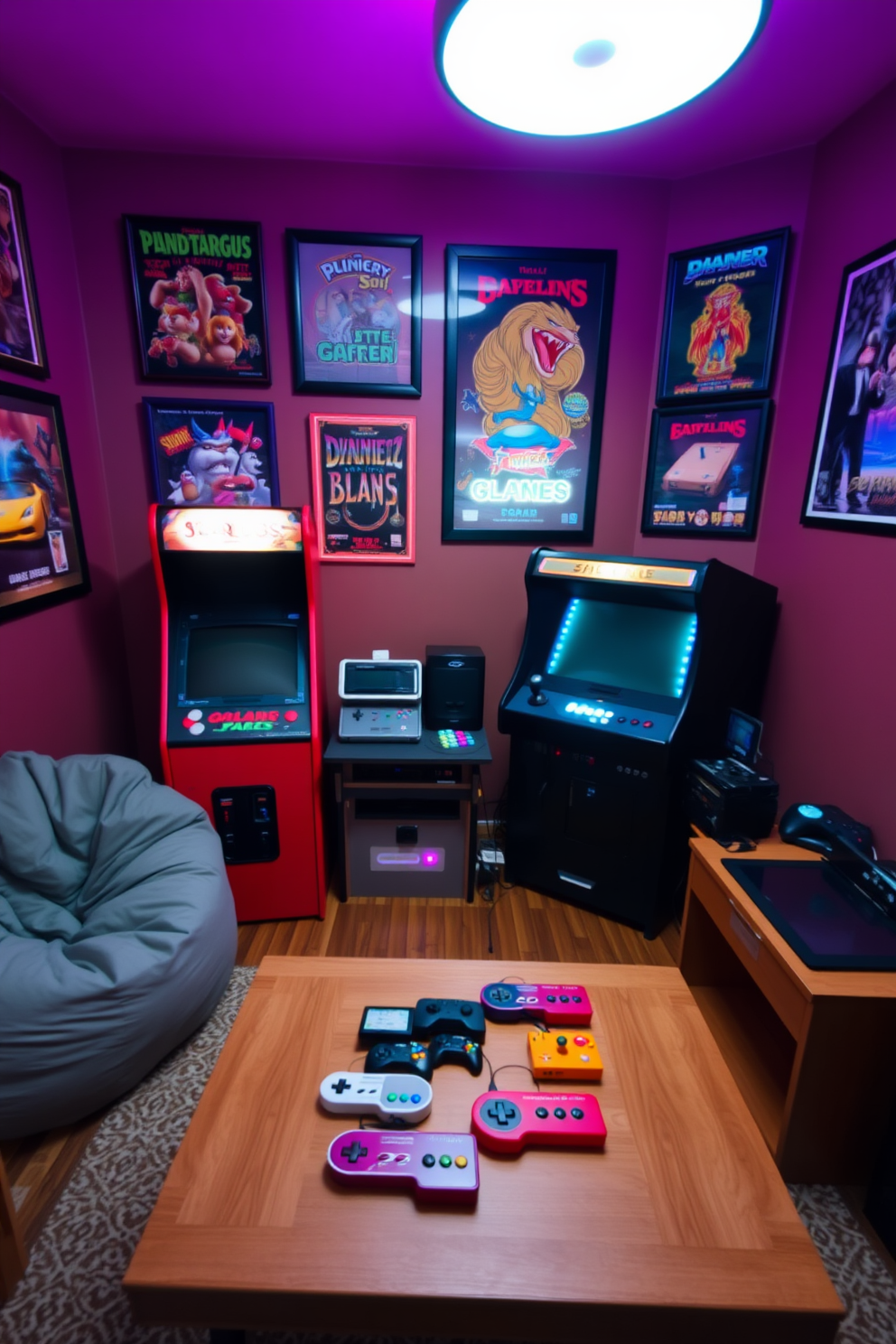 A nostalgic retro gaming corner setup featuring vintage arcade machines and a classic gaming console. The walls are adorned with framed posters of iconic video games, and a plush bean bag chair sits in the corner for comfortable seating. The room is illuminated by soft neon lights that create a fun and inviting atmosphere. A small wooden coffee table is placed in front of the gaming setup, holding a collection of retro game controllers and snacks for an enjoyable gaming experience.