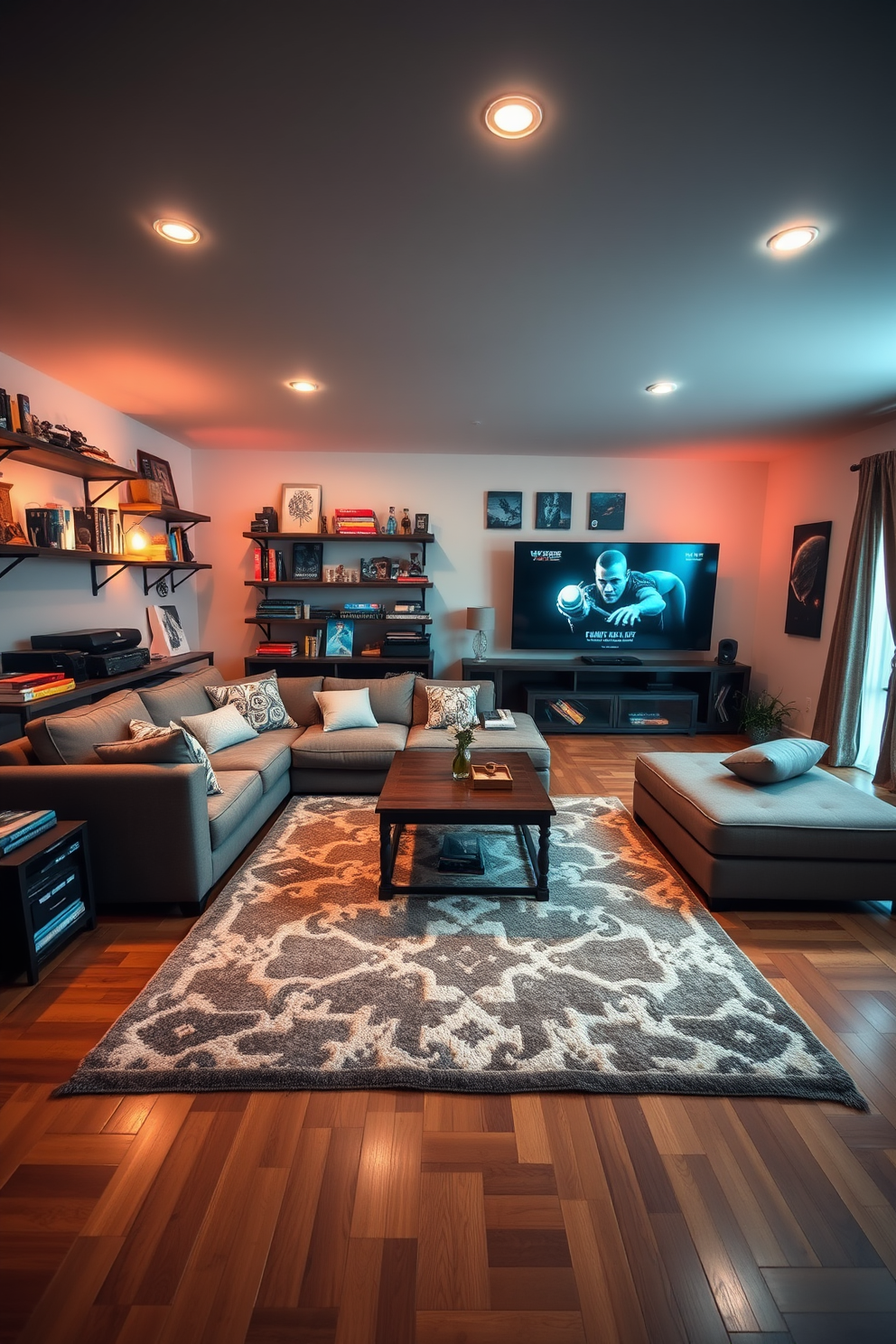 A cozy game room designed for relaxation and entertainment. The space features a large sectional sofa with plush cushions, a coffee table in the center, and an oversized rug that adds warmth to the hardwood floor. Mood lighting is created with smart bulbs that can be adjusted for brightness and color. Wall-mounted shelves display an array of board games and collectibles, while a large screen is set up for gaming and movie nights.