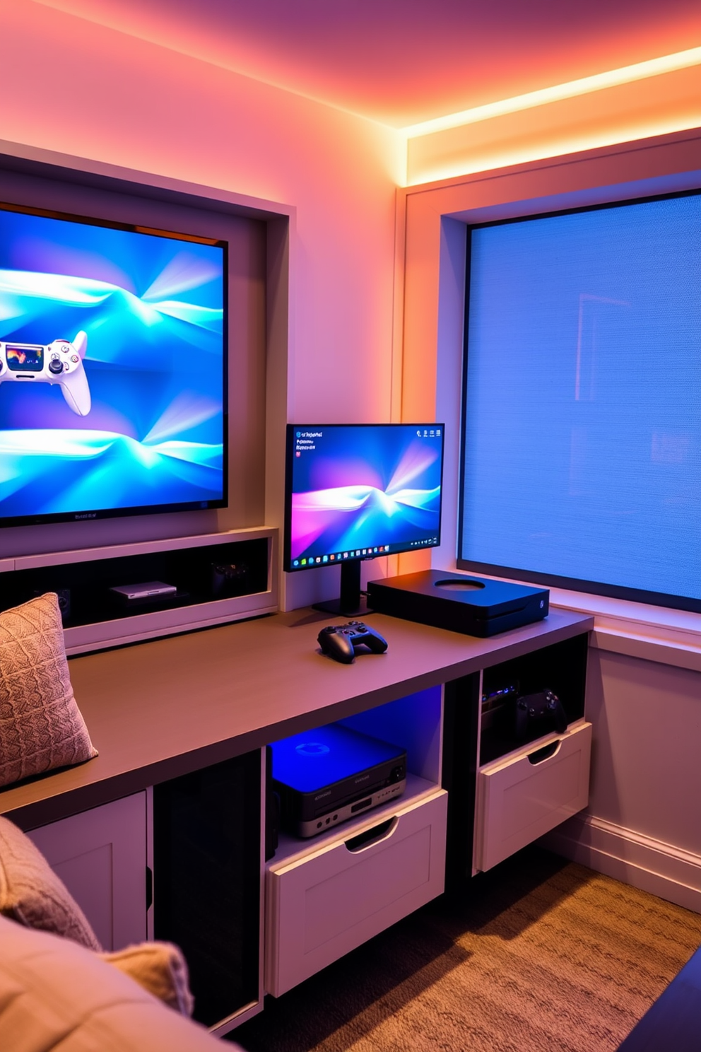 A modern gaming console station with sleek storage solutions and easy access to all devices. The room features comfortable seating with plush cushions and ambient lighting to create a relaxed atmosphere.