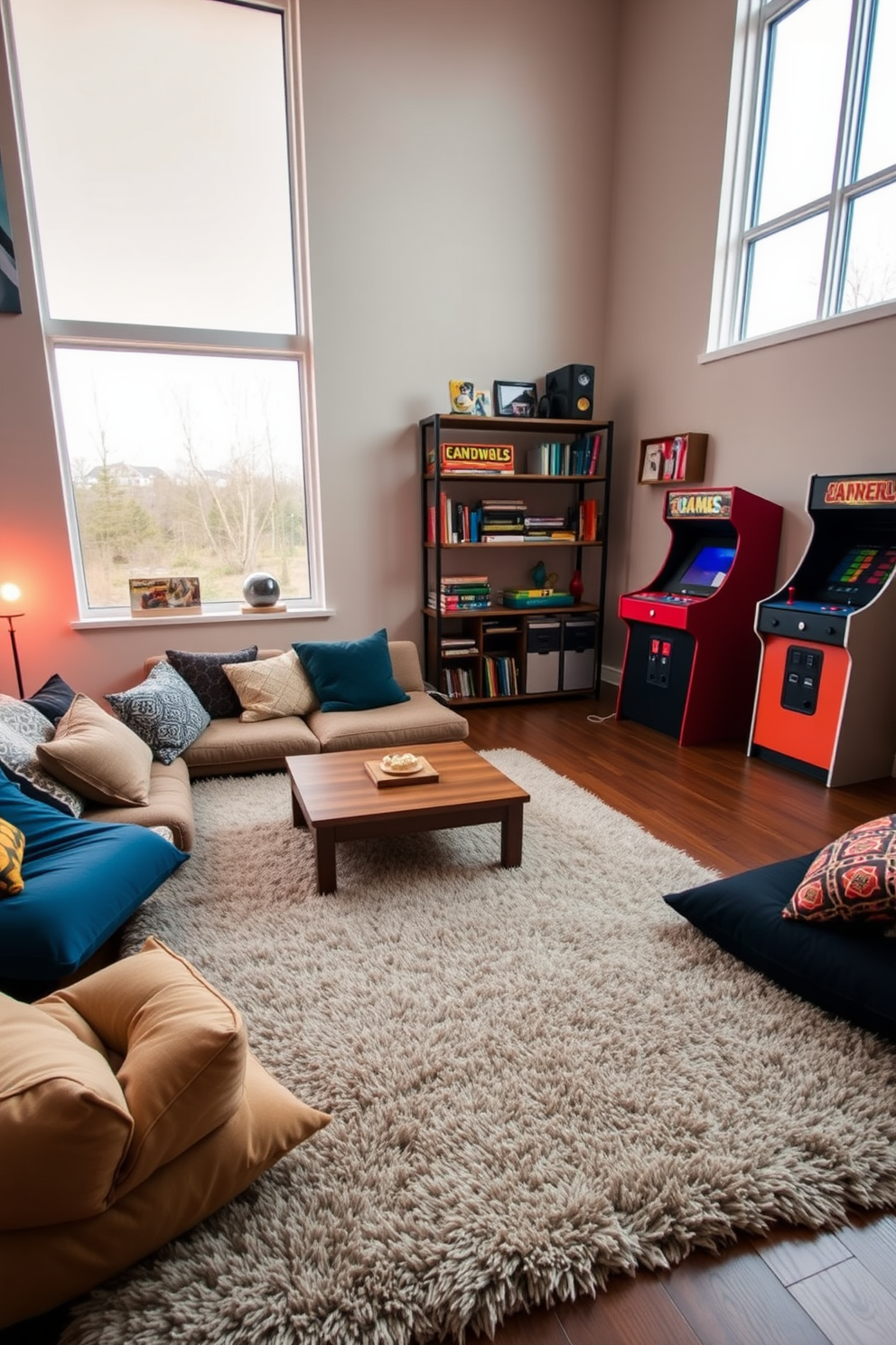 Comfortable floor cushions in various colors and patterns are scattered around a low wooden coffee table. The room features soft ambient lighting and a large plush rug that adds warmth to the space. In one corner, a wall-mounted shelf holds board games and books, while a vintage arcade machine adds a playful touch. Large windows allow natural light to flood in, enhancing the inviting atmosphere of the game room.