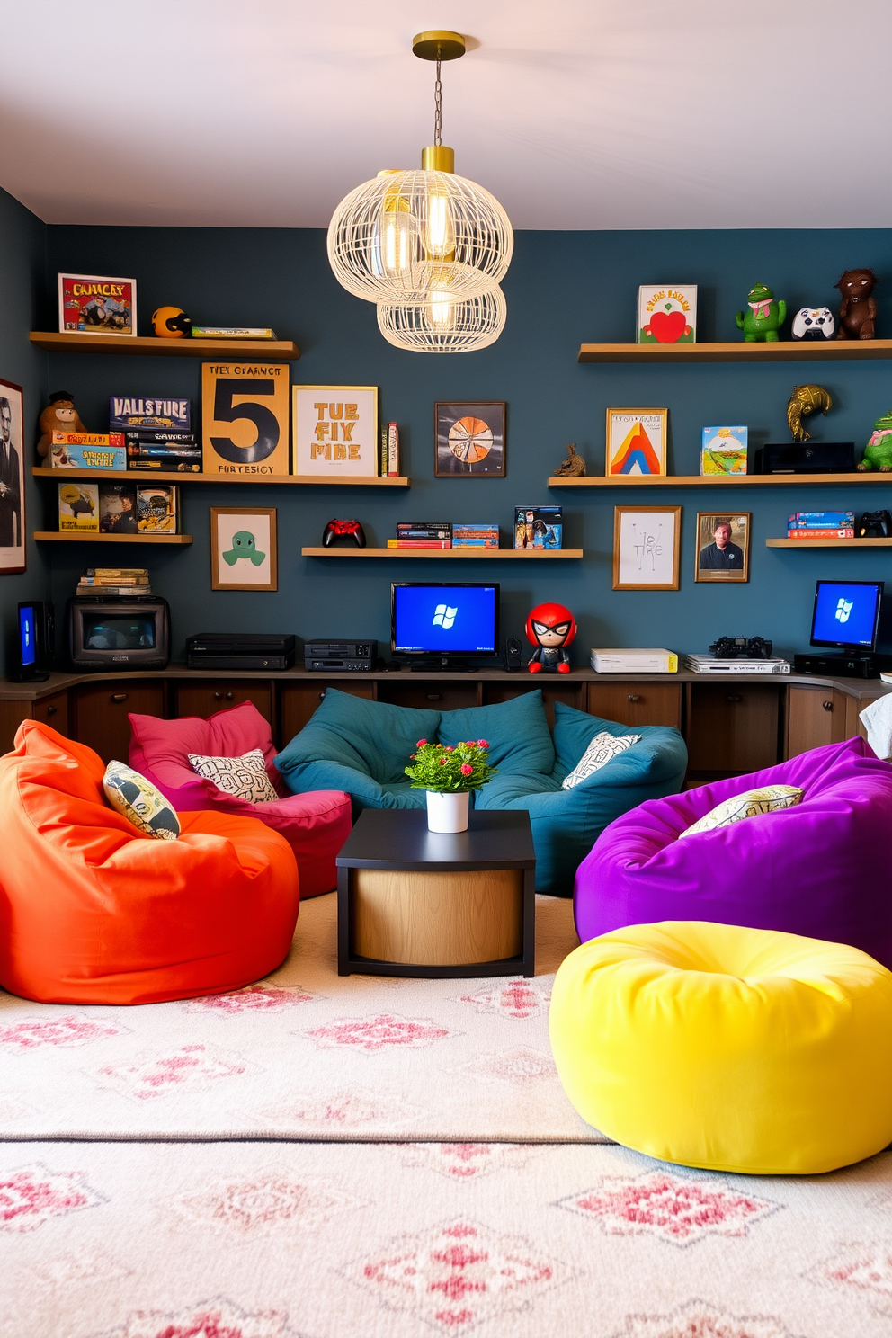 Plush bean bags in vibrant colors are arranged around a low coffee table, creating a relaxed and inviting atmosphere. The walls are adorned with playful artwork and shelves filled with board games and gaming consoles, enhancing the fun vibe of the space. Soft lighting fixtures hang from the ceiling, casting a warm glow over the room. A large area rug with a geometric pattern anchors the seating area, adding texture and comfort underfoot.