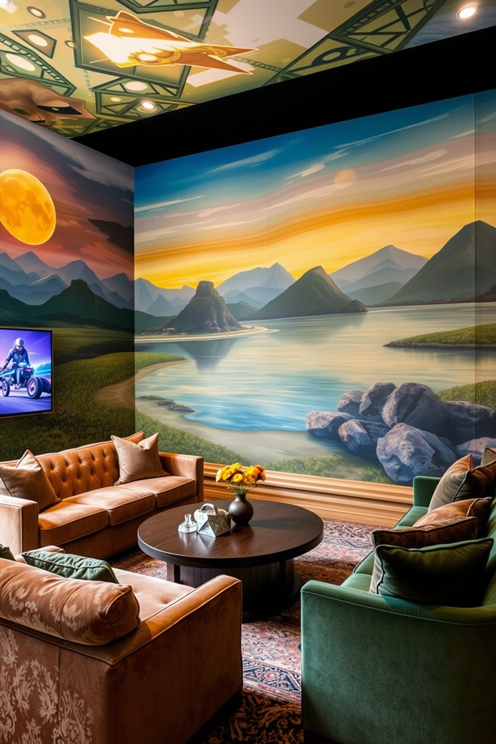 Artistic murals that create an immersive experience. The walls are adorned with vibrant, large-scale murals depicting serene landscapes and abstract designs, inviting creativity and relaxation. Cozy game room design ideas that promote comfort and fun. Plush seating arrangements in rich fabrics surround a central coffee table, while soft lighting enhances the inviting atmosphere for gaming and socializing.