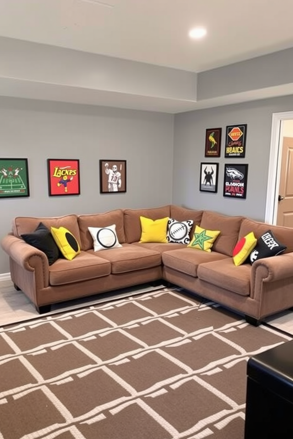 A cozy game room featuring a plush sectional sofa adorned with game-themed throw pillows in vibrant colors. The walls are painted a soft gray, and a large area rug with a geometric pattern anchors the seating area, creating a warm and inviting atmosphere.