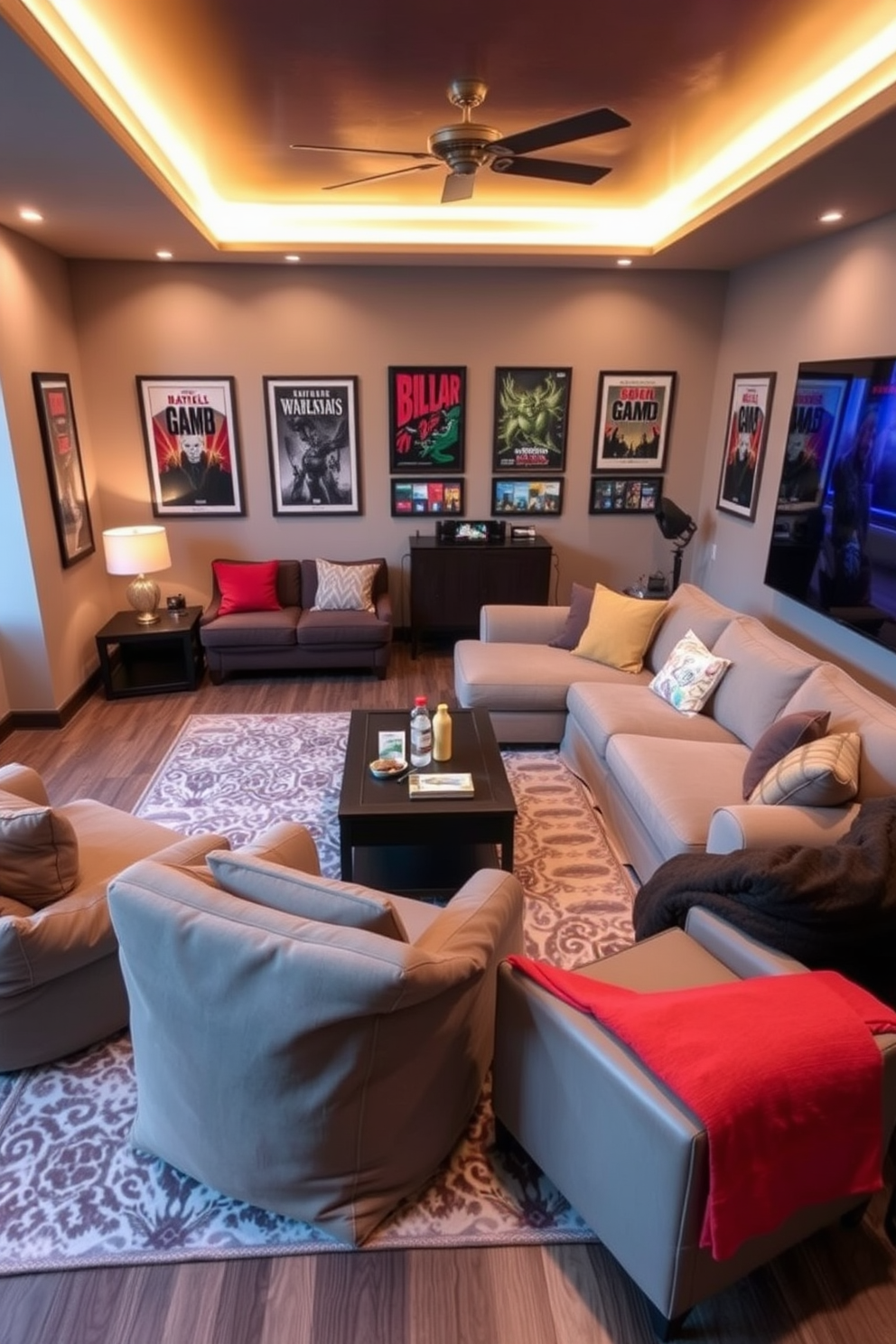 A flexible seating arrangement for guests features a combination of plush sofas and stylish armchairs that can be easily rearranged. The room is adorned with warm lighting and a large area rug that ties the seating together, creating an inviting atmosphere. Cozy game room design ideas include a dedicated space with comfortable bean bags and a sectional sofa for lounging. Walls are decorated with framed game posters, and a coffee table in the center holds snacks and drinks for a relaxed gaming experience.