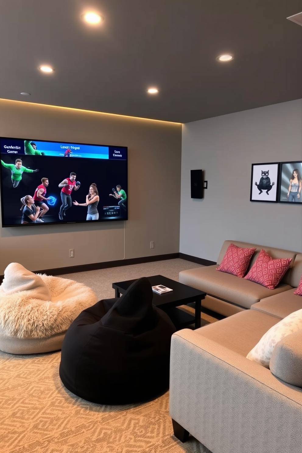 A cozy game room featuring an interactive wall designed for multiplayer fun. The space is filled with comfortable seating, including plush bean bags and a sectional sofa, perfect for gathering with friends.