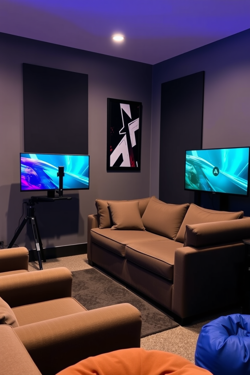 A cozy game room featuring sleek gaming monitors with adjustable stands positioned at eye level. The room is adorned with comfortable seating options, including a plush sectional sofa and bean bags, creating an inviting atmosphere for gaming sessions.