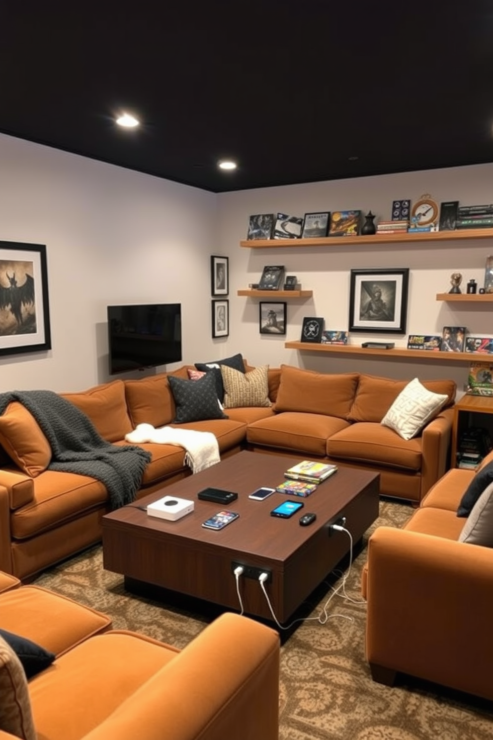 A cozy game room designed for comfort and functionality. The space features a plush sectional sofa with soft throw blankets and a large coffee table, perfect for snacks and drinks. Incorporated charging stations are seamlessly integrated into the furniture, ensuring devices are always powered. The walls are adorned with framed artwork and shelves filled with board games and gaming accessories, creating an inviting atmosphere.