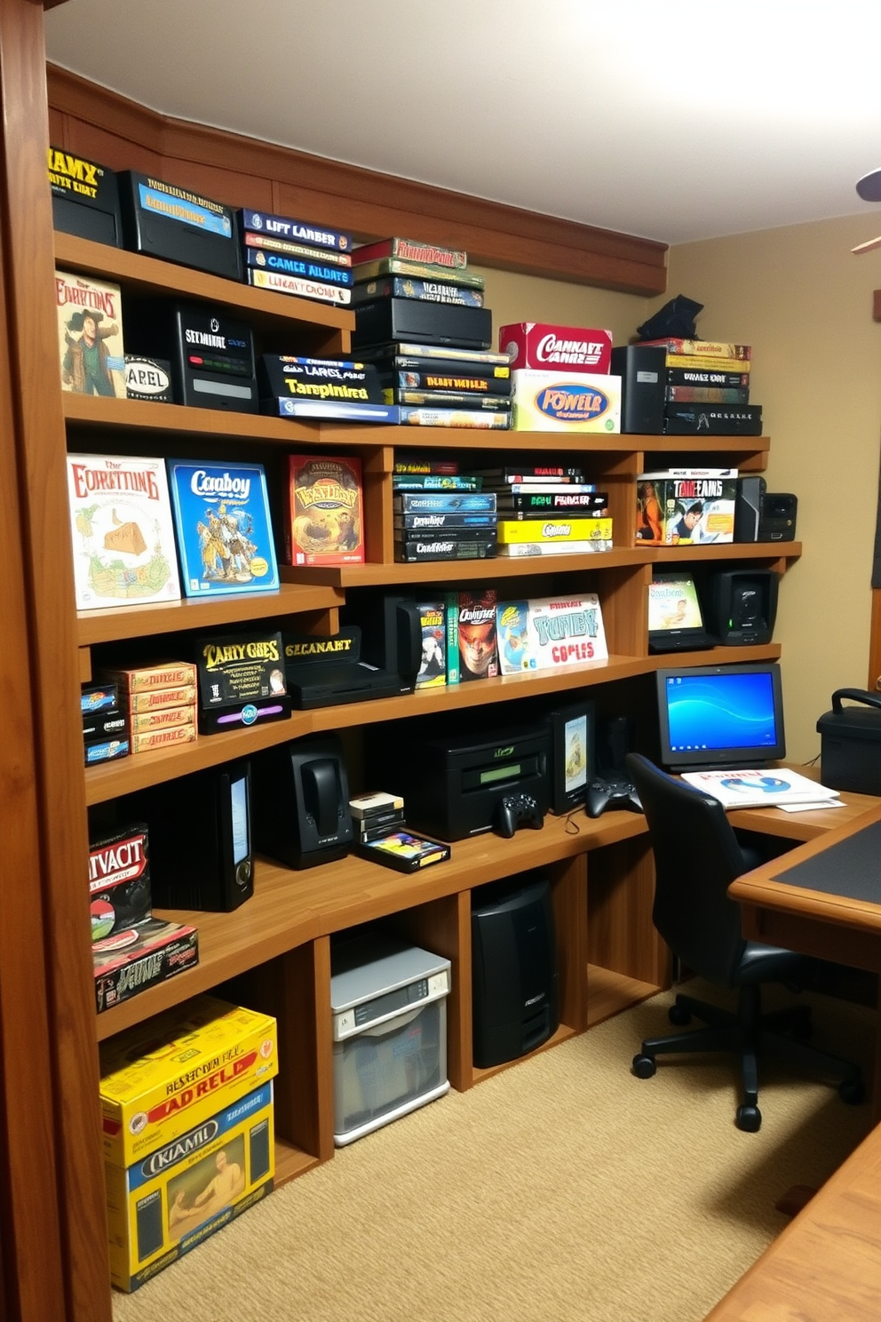 A cozy game room features rustic wooden shelves filled with board games and gaming consoles. Soft lighting illuminates the space, creating a warm and inviting atmosphere for friends and family to enjoy.