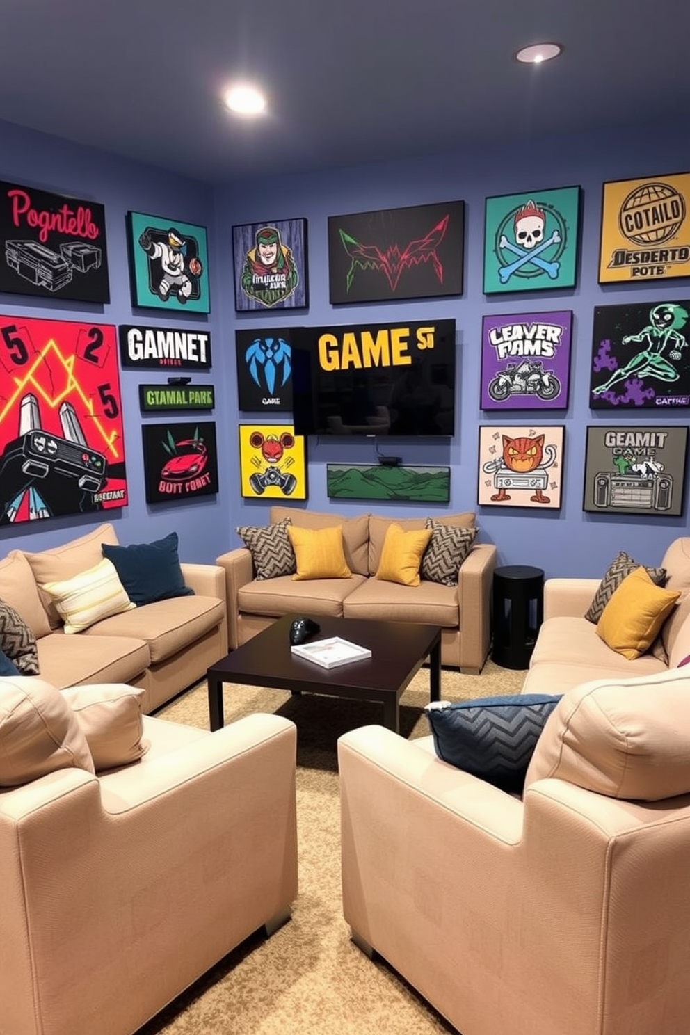 Colorful wall art featuring gaming themes adorns the walls of a cozy game room. Plush seating options are arranged around a low coffee table, inviting friends to gather and enjoy gaming sessions together.