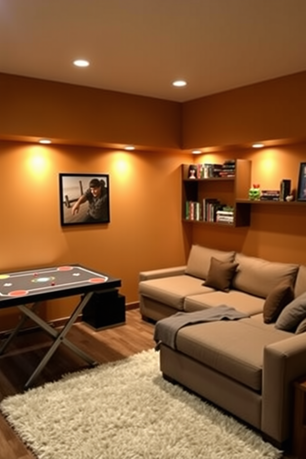 A cozy game room featuring multi-functional furniture that maximizes space efficiency. The room includes a foldable gaming table that can be tucked away when not in use and a sectional sofa that converts into a bed for guests. The walls are painted in a warm, inviting color, complemented by ambient lighting that creates a relaxed atmosphere. Shelves are installed to hold games and books, while a plush rug adds comfort underfoot.