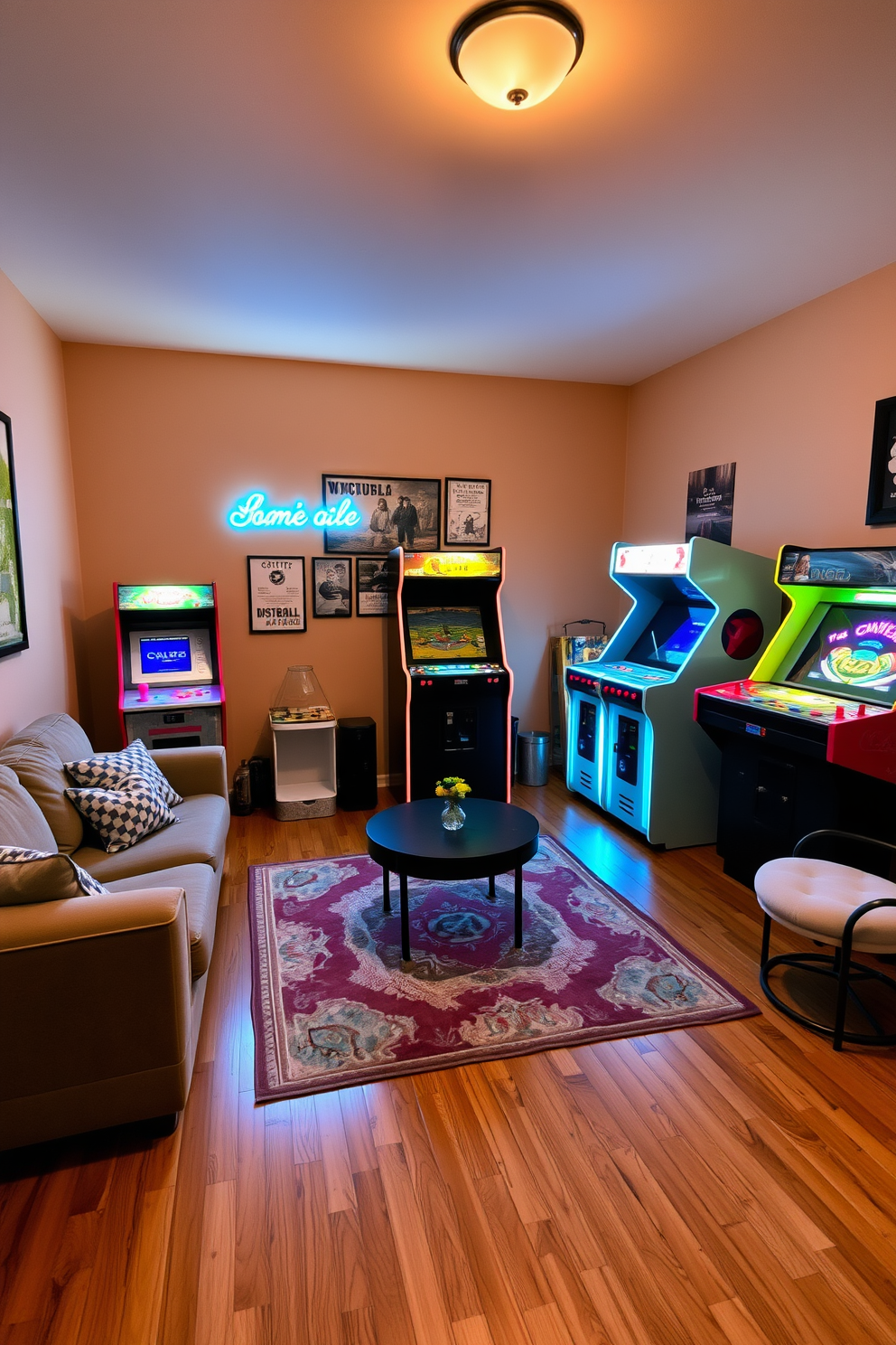 A cozy game room featuring vintage arcade machines as decor pieces. The walls are painted in a warm beige tone, and plush seating is arranged around a central coffee table. Bright neon lights illuminate the space, creating a playful atmosphere. A retro rug adds texture to the hardwood floor, complementing the nostalgic vibe of the arcade machines.