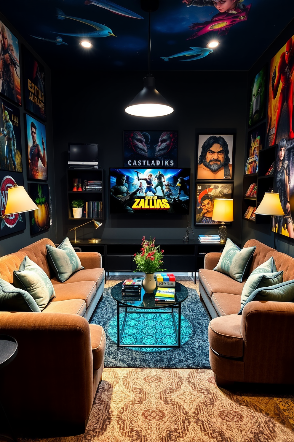 A cozy game room designed with a theme inspired by favorite games. The walls are adorned with artwork and posters featuring iconic characters and scenes, creating a vibrant and immersive atmosphere. Plush seating is arranged around a central coffee table, perfect for snacks and drinks during gaming sessions. Soft lighting from stylish lamps adds warmth, while shelves display game collections and memorabilia, enhancing the overall theme.