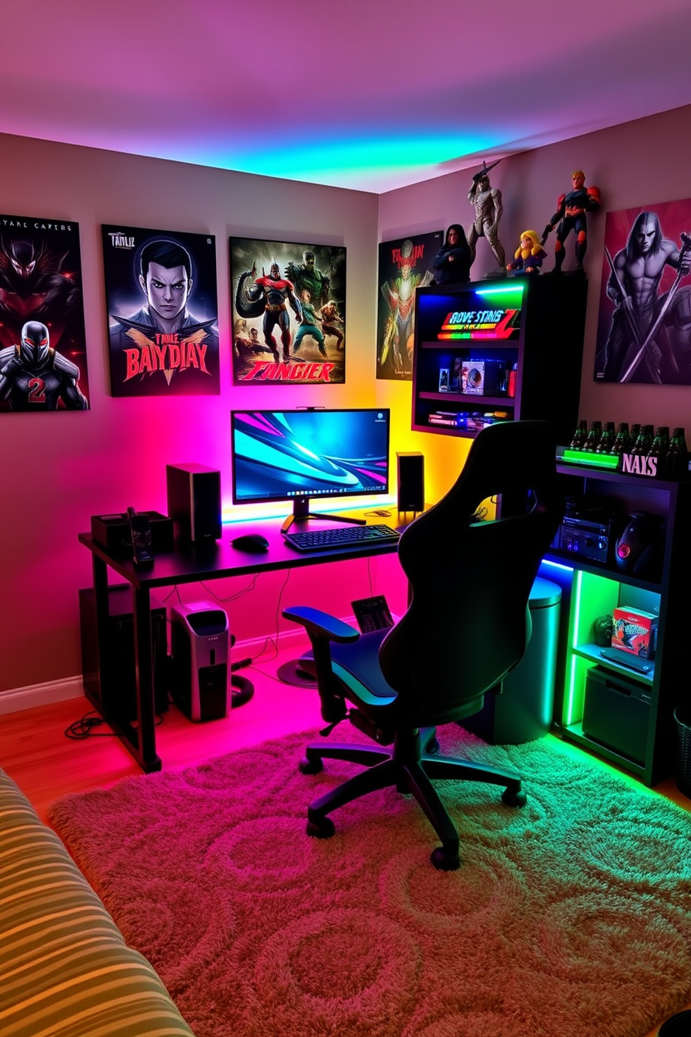 A personalized gaming setup featuring a sleek black desk with a high-end gaming monitor and an ergonomic chair. LED lights in vibrant colors illuminate the space, creating a dynamic atmosphere for gaming sessions. The walls are adorned with posters of favorite games, and a plush area rug adds comfort underfoot. Shelves display collectible figures and gaming accessories, enhancing the overall aesthetic of the cozy game room.