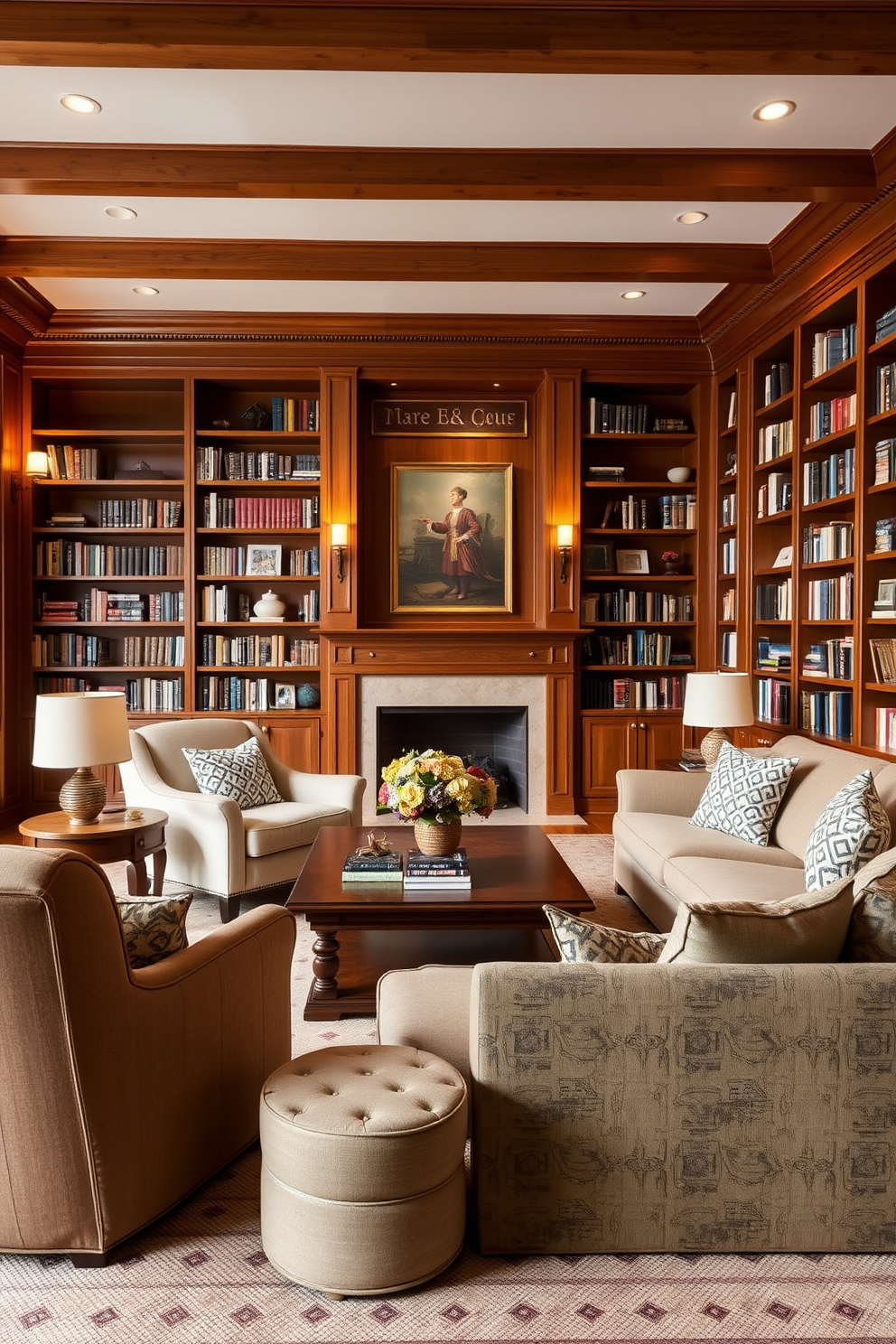 A cozy home library filled with warm wood tones creates an inviting atmosphere. Plush seating options, such as a deep armchair and a large sofa, are arranged around a central coffee table. Bookshelves line the walls, showcasing a curated collection of books and decorative items. Soft lighting from table lamps and wall sconces enhances the warmth of the space, making it perfect for reading.