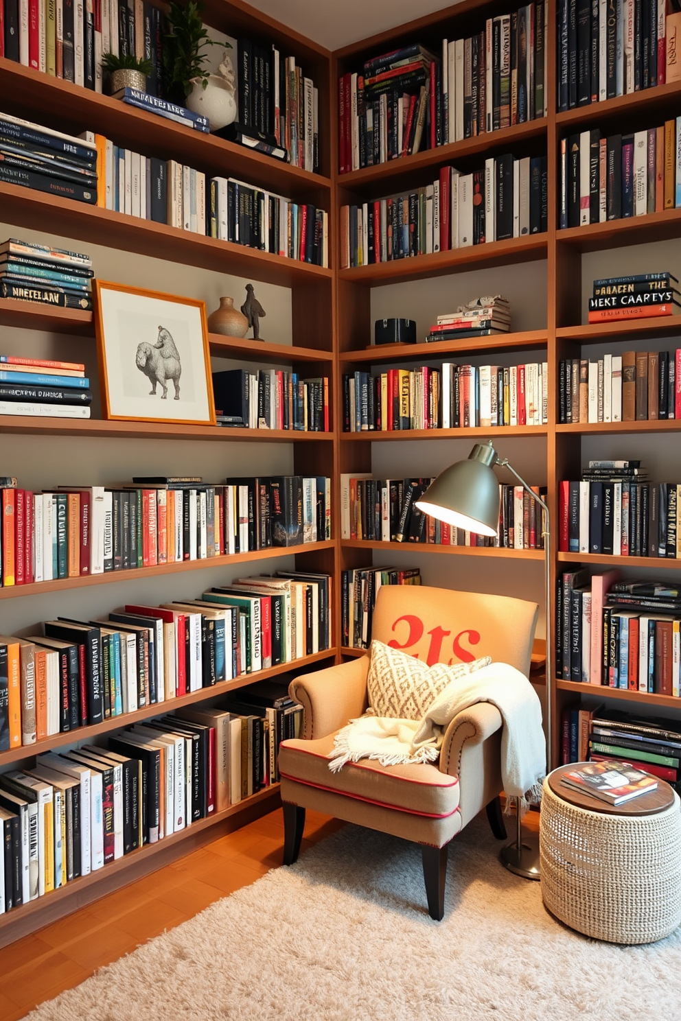 A cozy home library features wall-mounted shelves that stretch from floor to ceiling, lined with an array of books and decorative items. A comfortable reading nook is created with a plush armchair nestled in the corner, complemented by a soft throw blanket and a warm floor lamp.