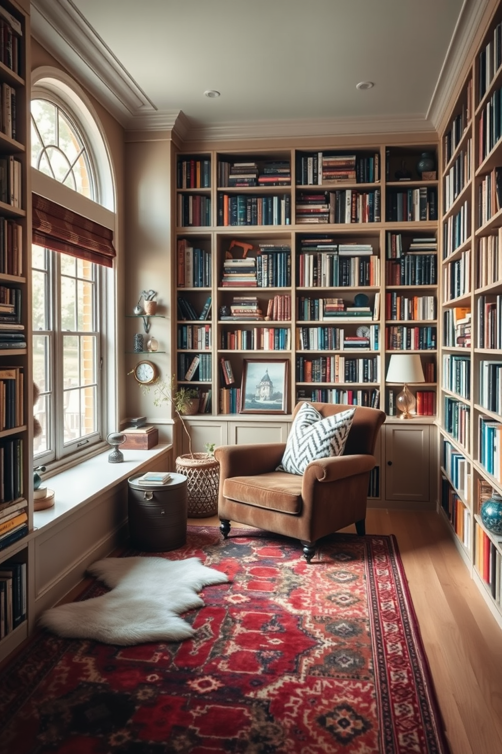 A cozy home library filled with soft rugs to enhance the comfort level. The space features floor-to-ceiling bookshelves lined with an eclectic mix of books and decorative items. A plush armchair is positioned near a large window, inviting natural light to illuminate the reading nook. A warm color palette of deep greens and browns creates an inviting atmosphere perfect for relaxation.