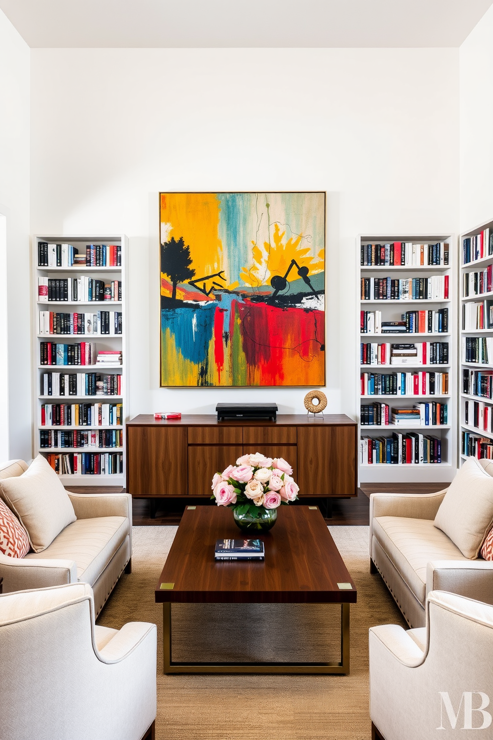 Artistic wall decor for visual interest. A large abstract painting in vibrant colors hangs above a sleek console table. Cozy home library design ideas. Plush armchairs are arranged around a wooden coffee table, with bookshelves filled with colorful spines lining the walls.